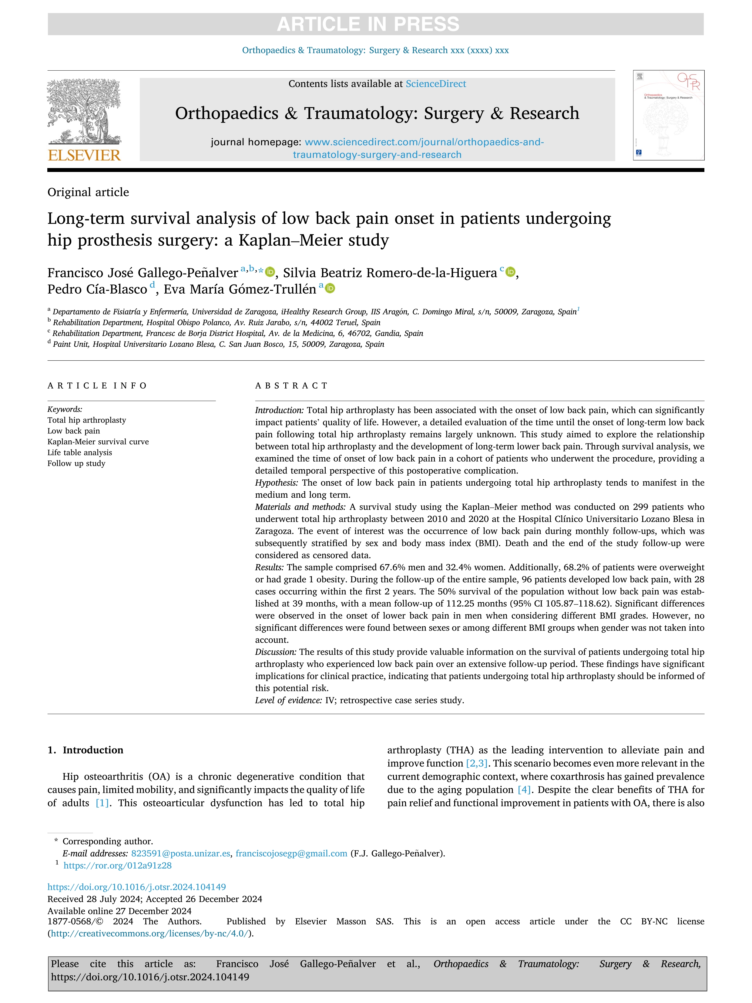 Long-term survival analysis of low back pain onset in patients undergoing hip prosthesis surgery: a Kaplan–Meier study