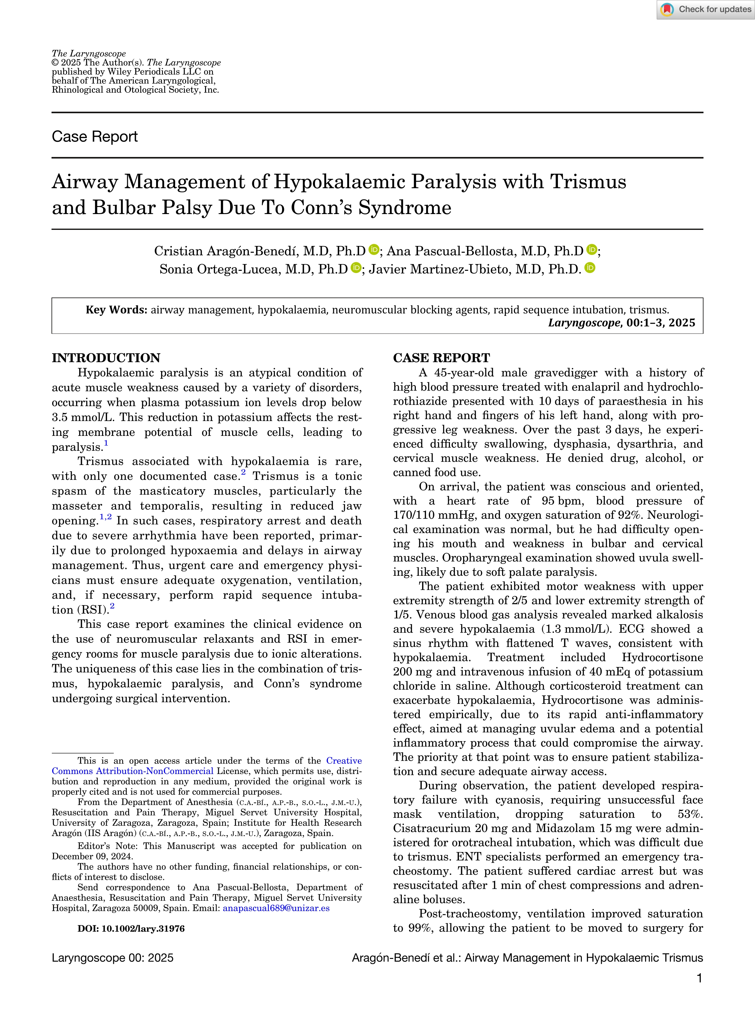 Airway Management of Hypokalaemic Paralysis with Trismus and Bulbar Palsy Due To Conn's Syndrome