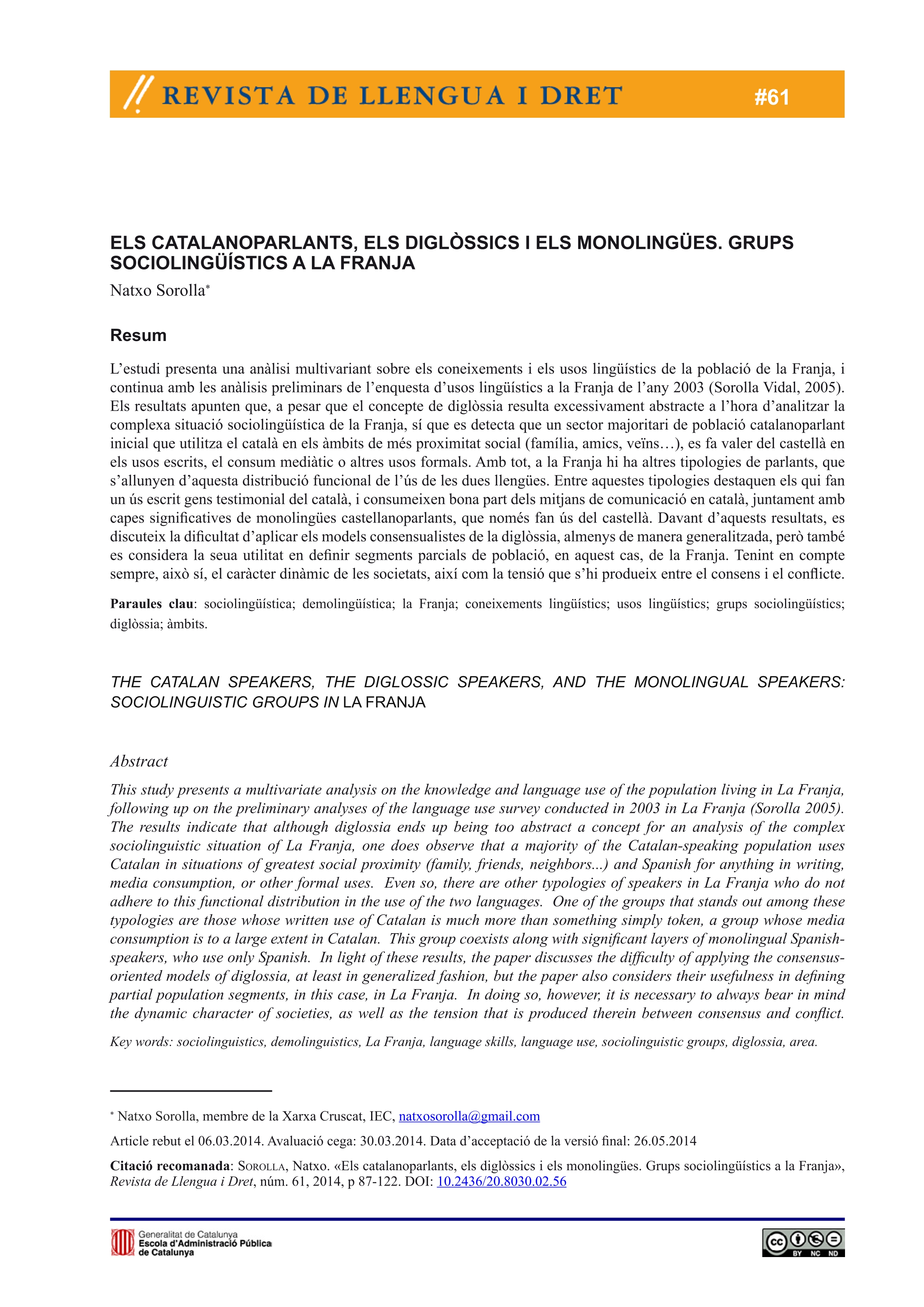 Els catalanoparlants, els diglòssics i els monolingües. Grups sociolingüístics a la Franja