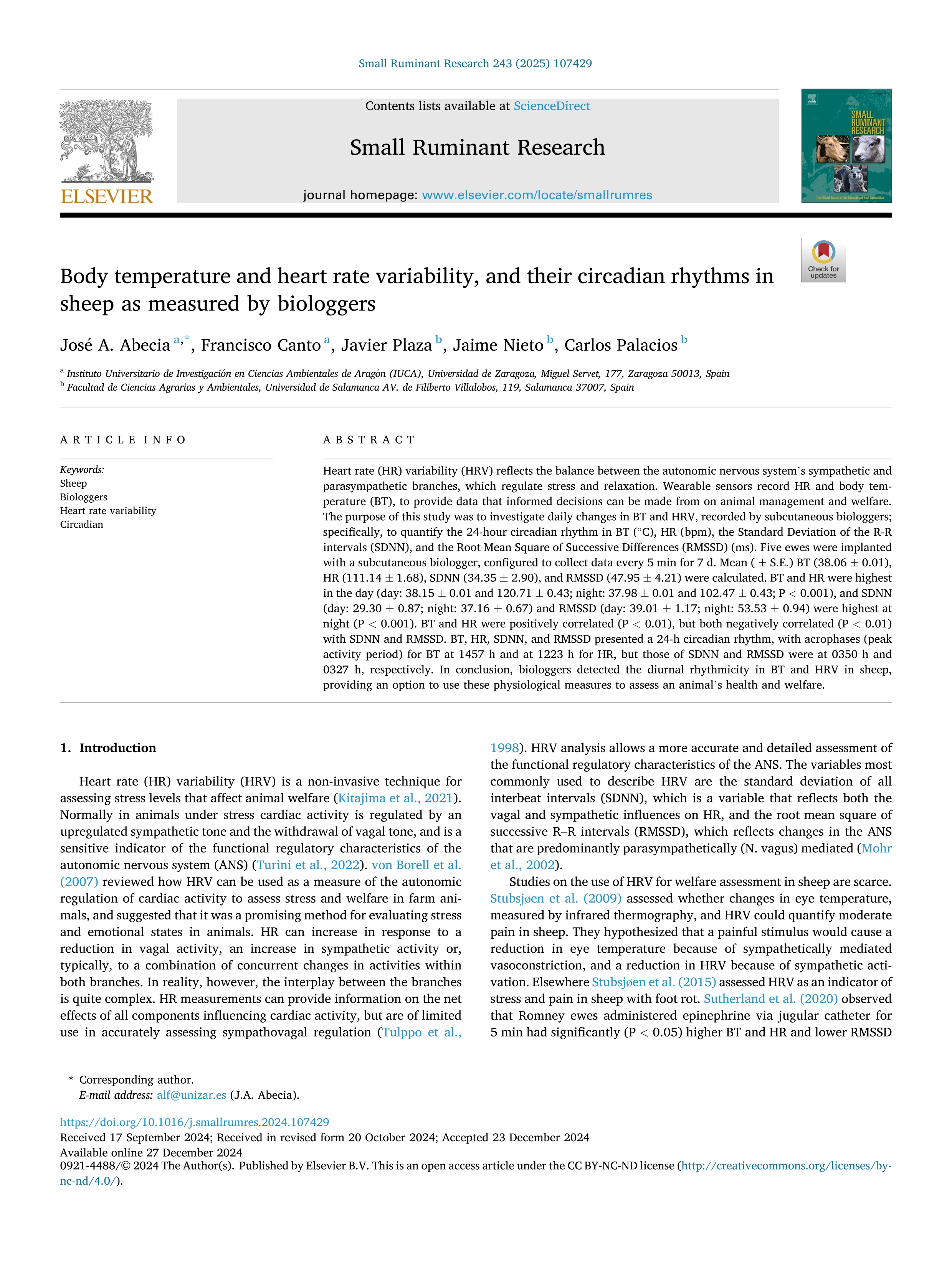 Body temperature and heart rate variability, and their circadian rhythms in sheep as measured by biologgers