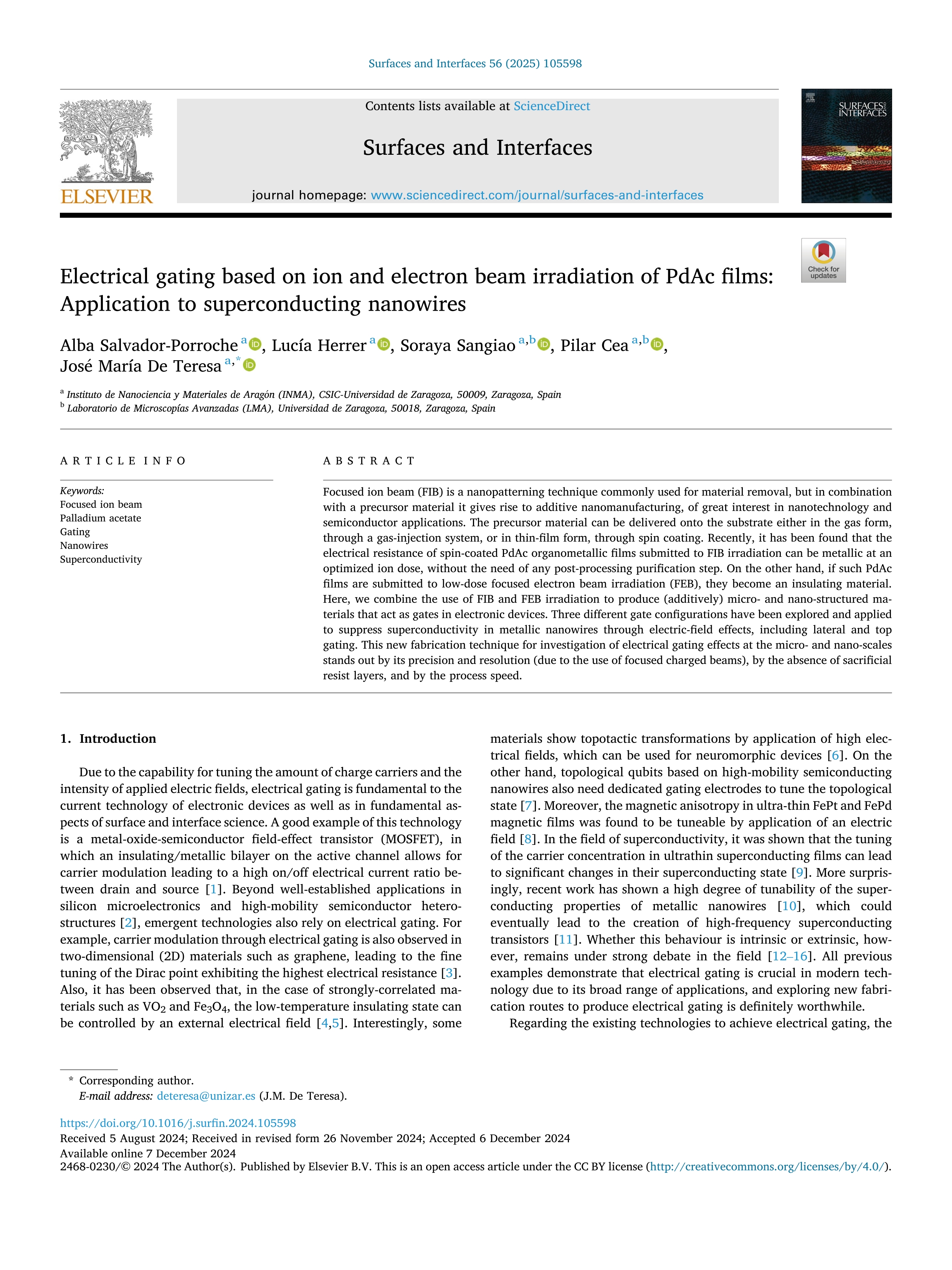 Electrical gating based on ion and electron beam irradiation of PdAc films: Application to superconducting nanowires