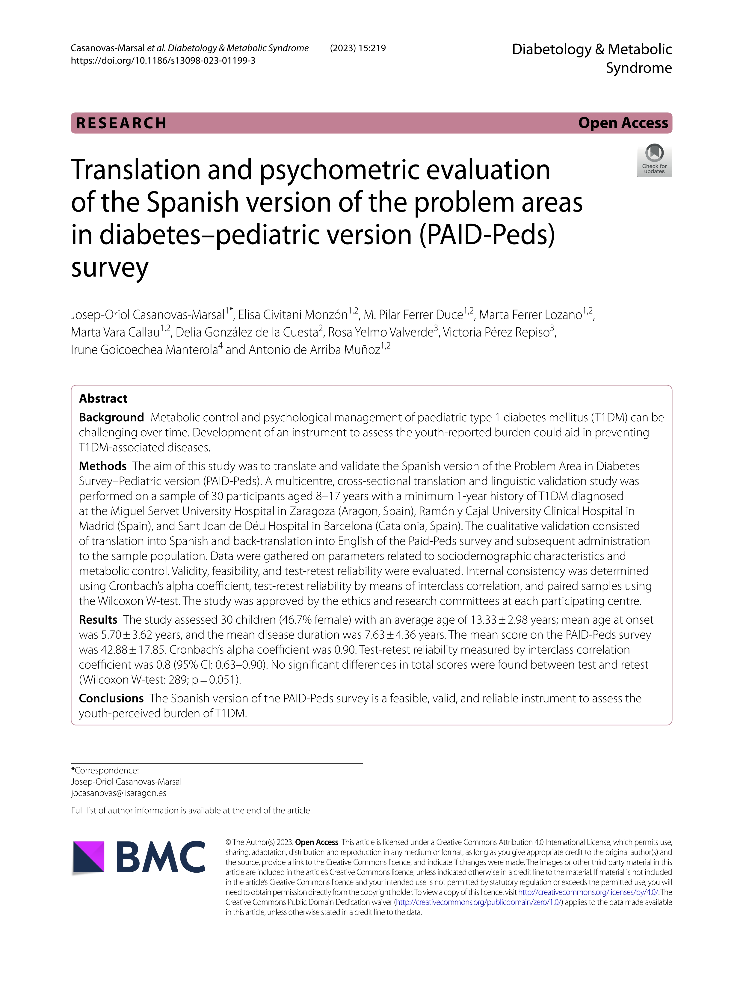 Translation and psychometric evaluation of the Spanish version of the problem areas in diabetes–pediatric version (PAID-Peds) survey