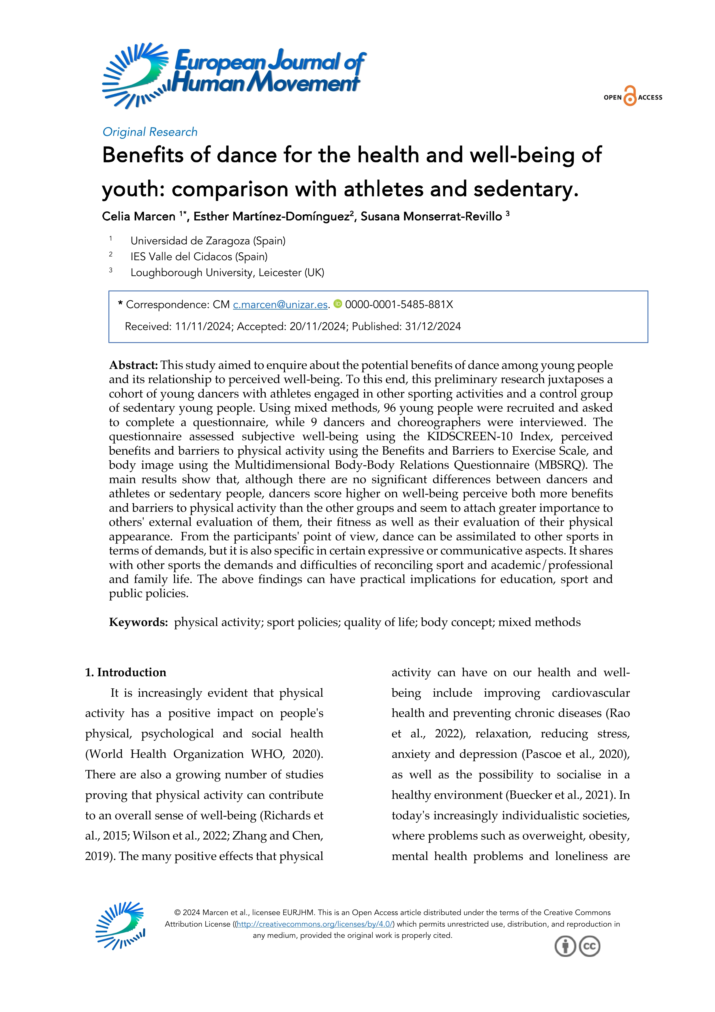 Benefits of dance for the health and well-being of youth: comparison with athletes and sedentary