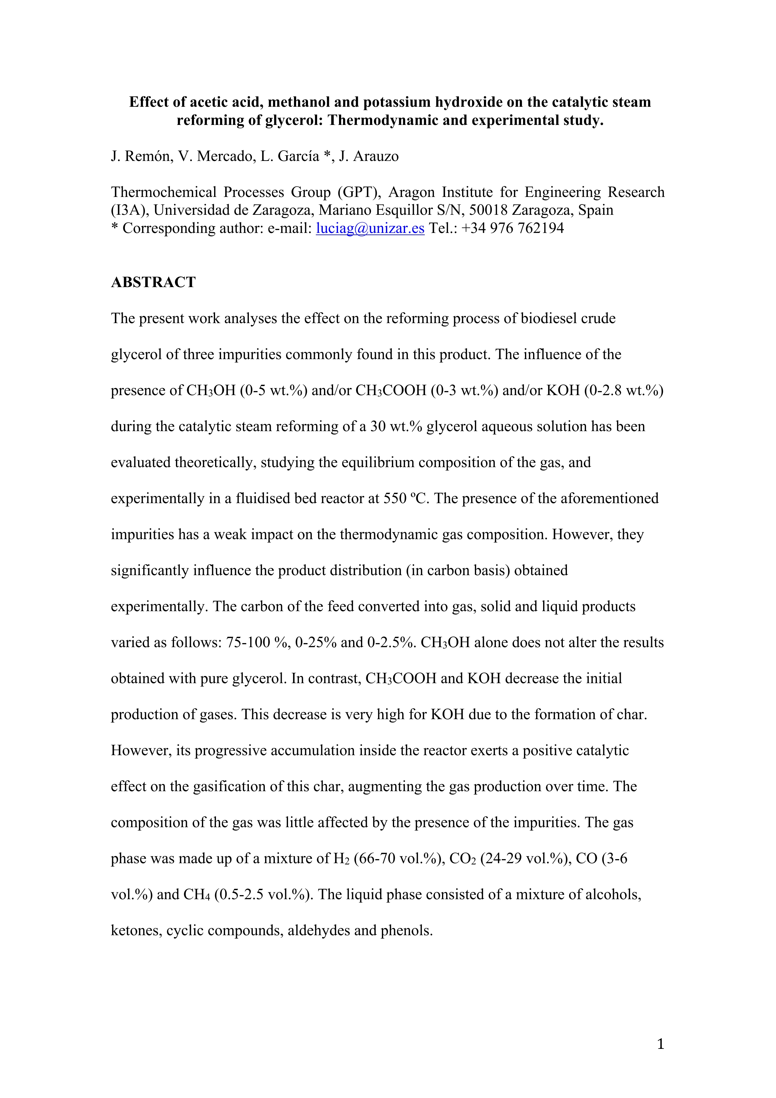 Effect of acetic acid, methanol and potassium hydroxide on the catalytic steam reforming of glycerol: Thermodynamic and experimental study