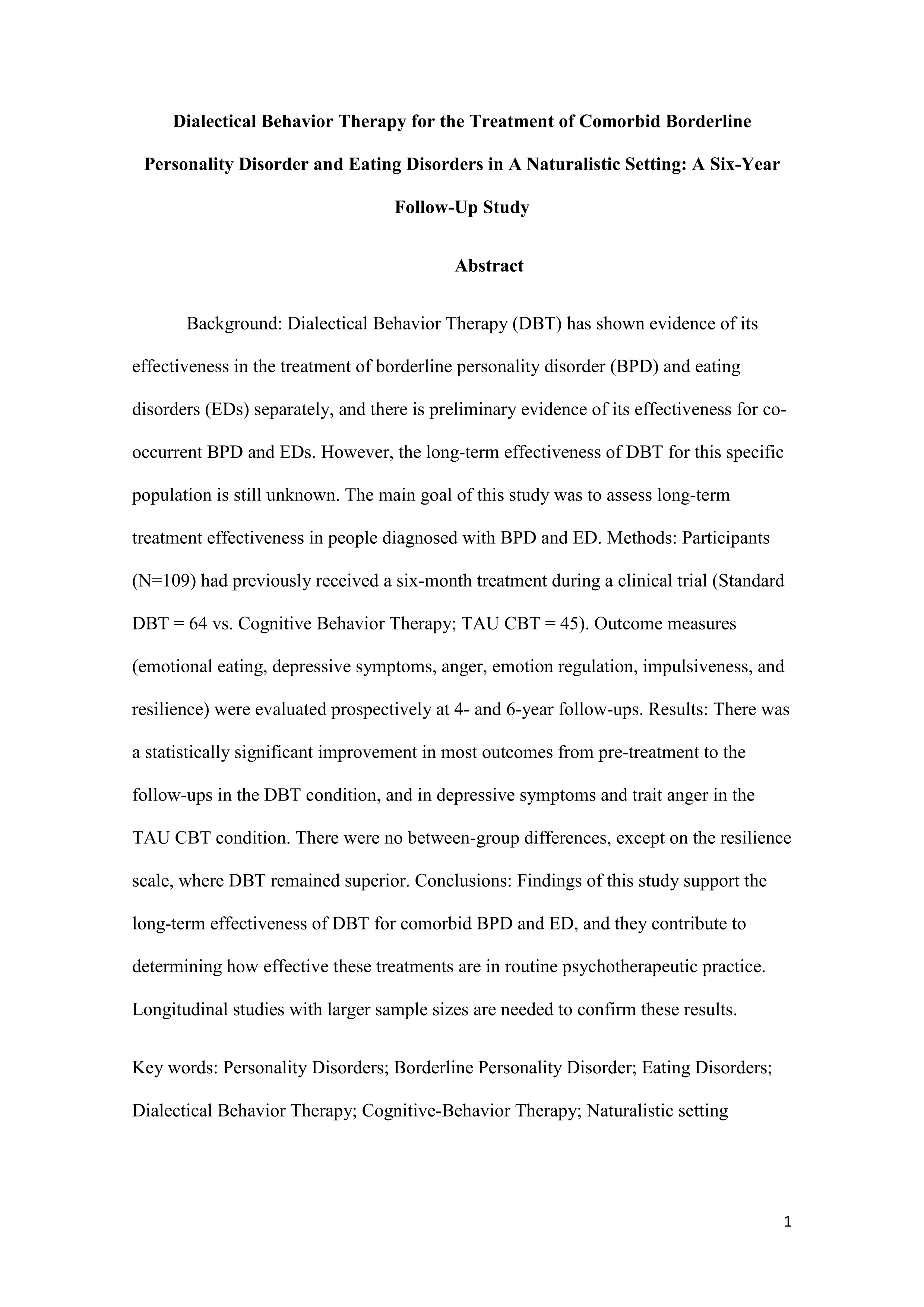 Dialectical behavior therapy in the treatment of comorbid borderline personality disorder and eating disorder in a naturalistic setting: A six-year follow-up study