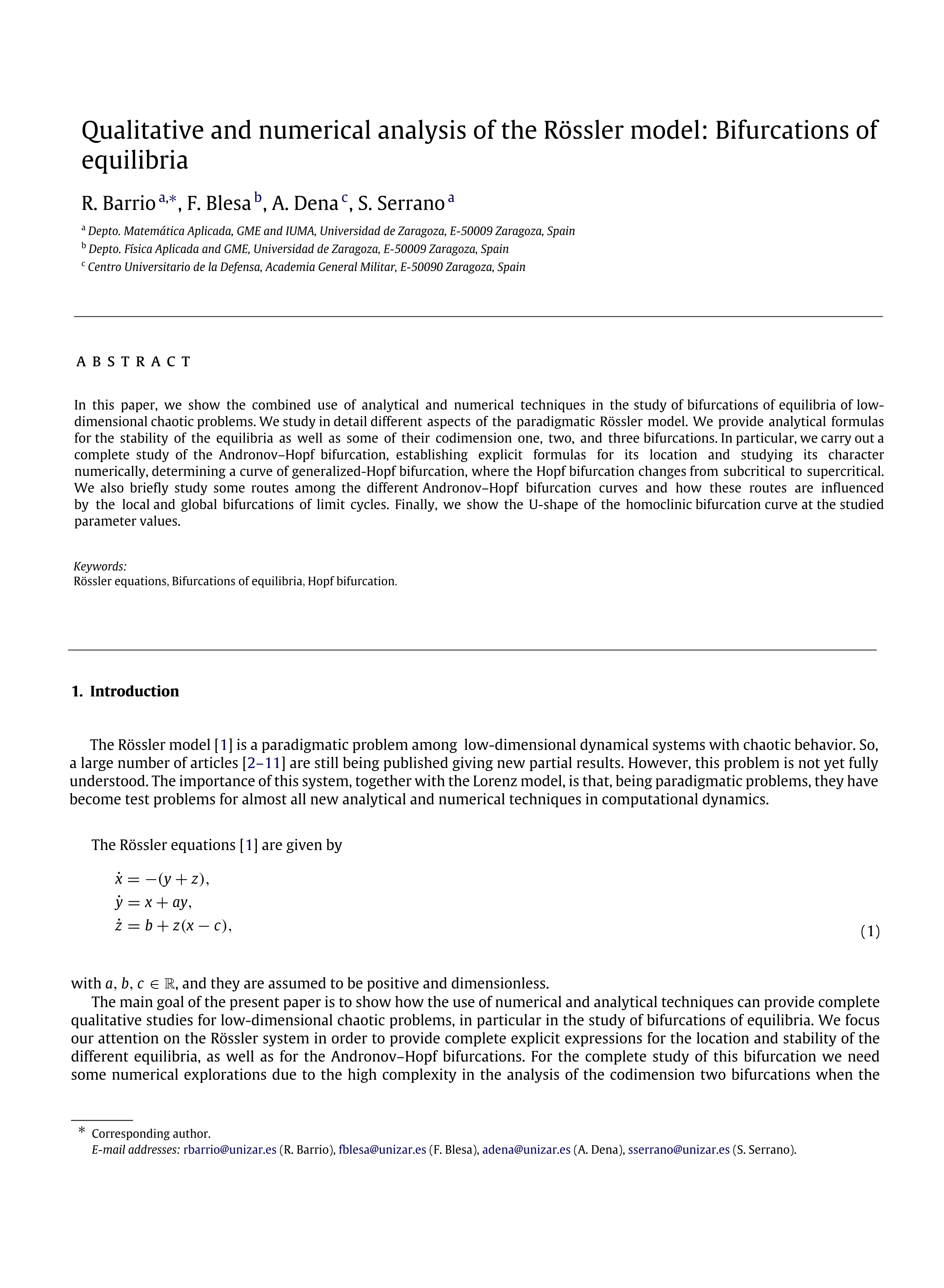 Qualitative and numerical analysis of the Rössler model: Bifurcations of equilibria