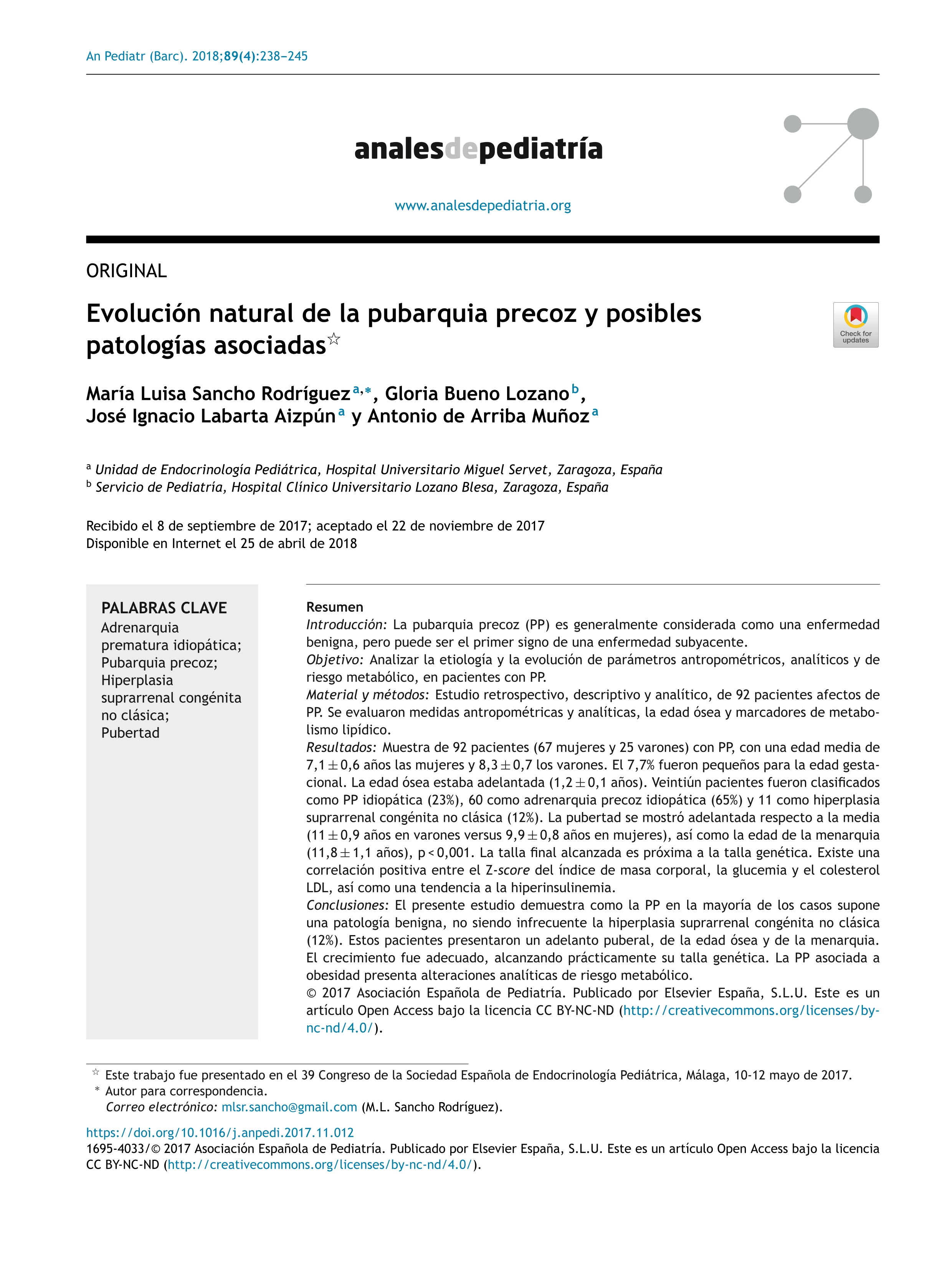 Evolución natural de la pubarquia precoz y posibles patologías asociadas