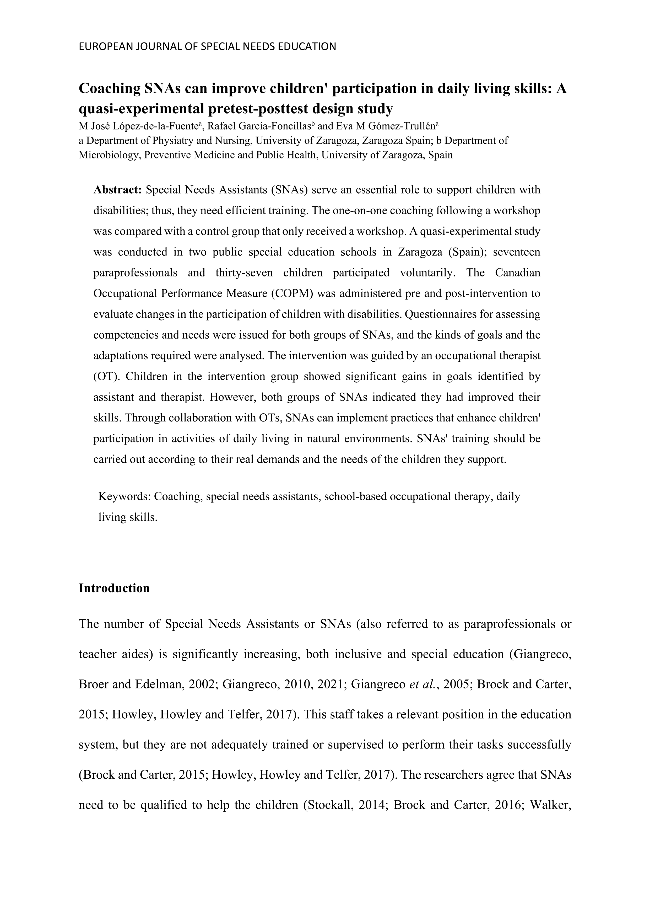 Coaching SNAs can improve children’ participation in daily living skills: A quasi-experimental pretest-posttest design study