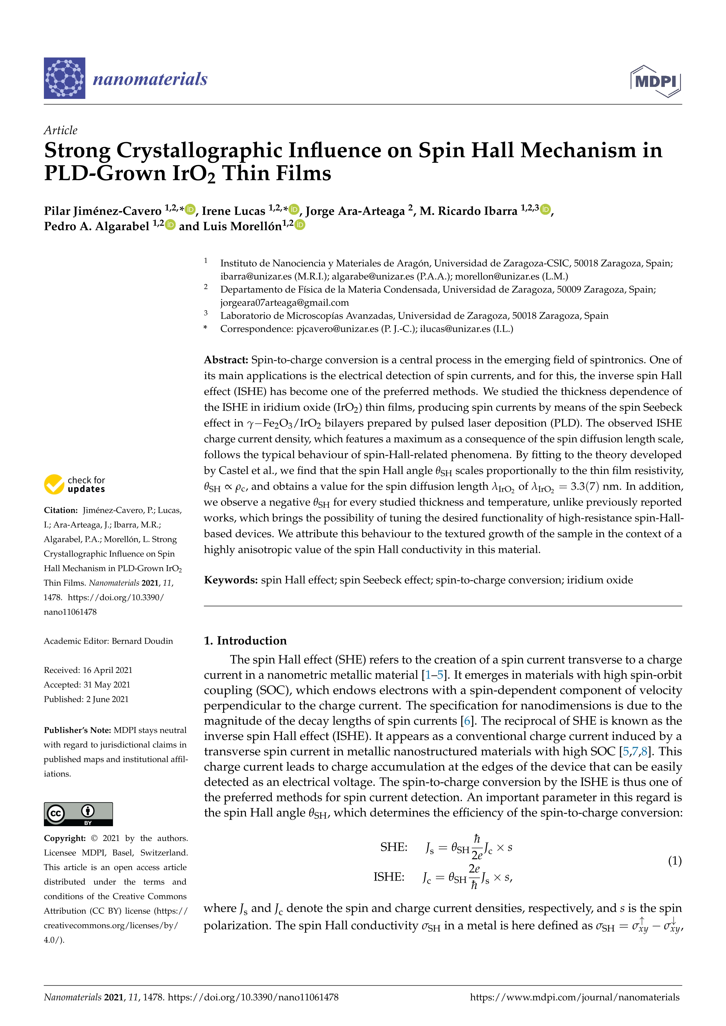 Strong crystallographic influence on spin hall mechanism in pld-grown iro2 thin films