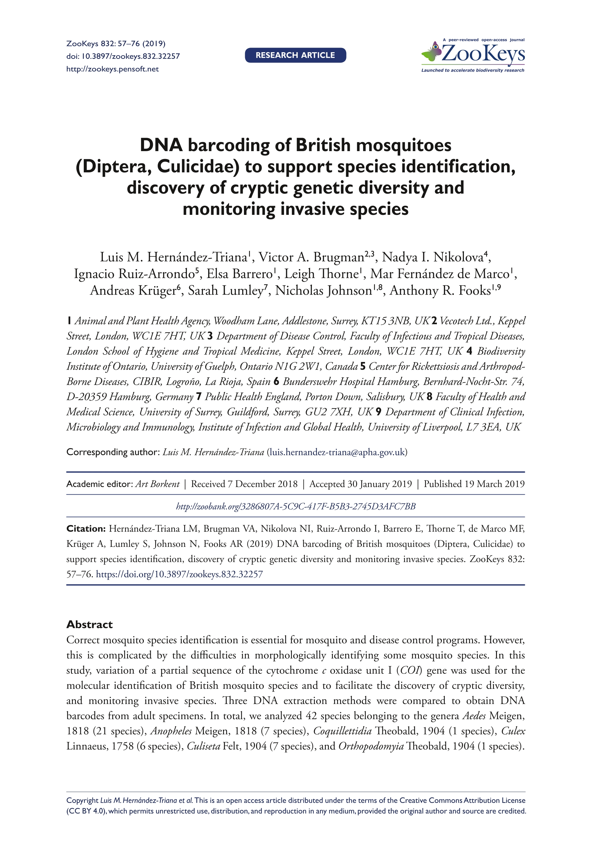 DNA barcoding of British mosquitoes (Diptera, Culicidae) to support species identification, discovery of cryptic genetic diversity and monitoring invasive species.