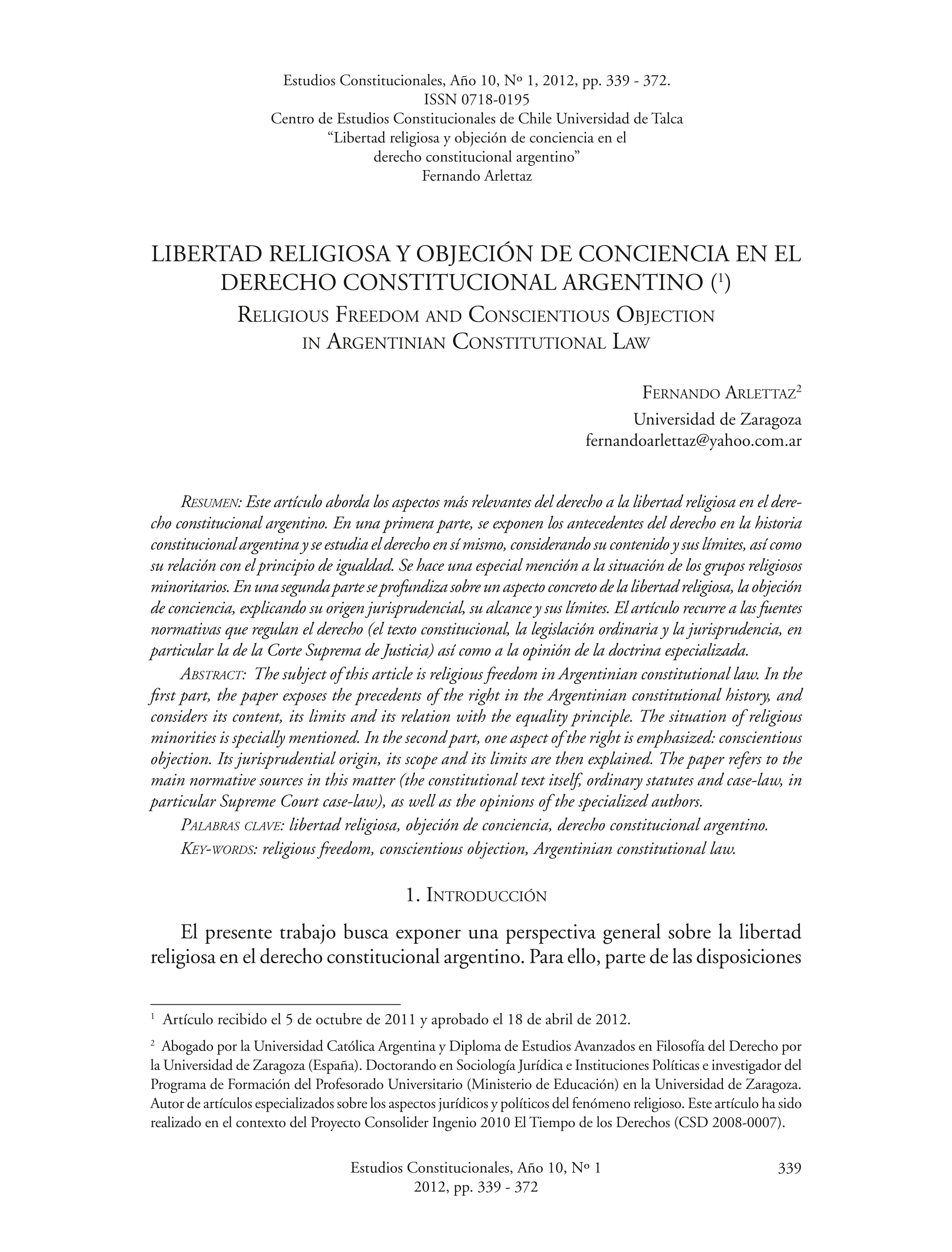 Libertad religiosa y objecion de conciencia en el derecho constitucional argentino