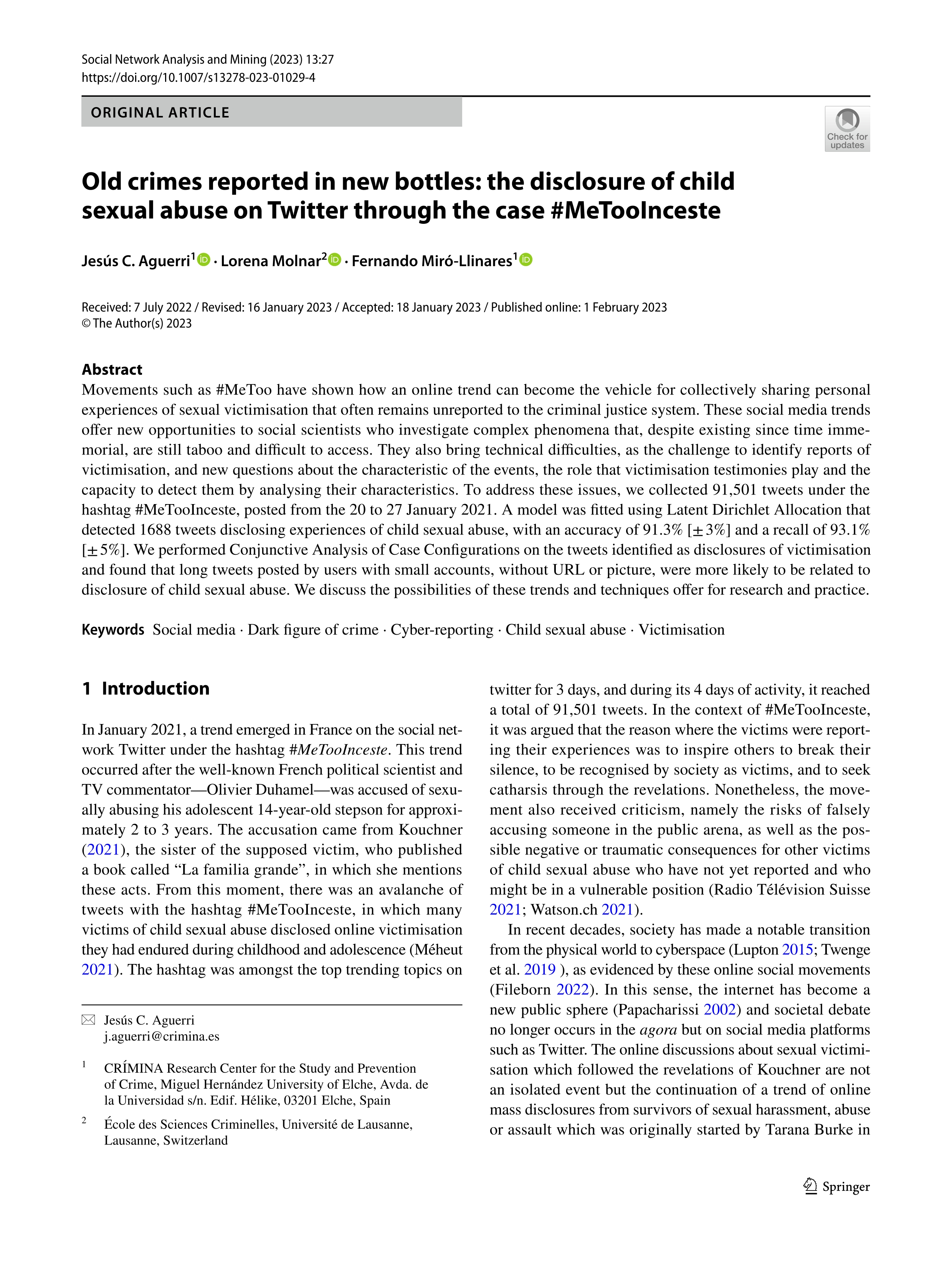 Old crimes reported in new bottles: the disclosure of child sexual abuse on Twitter through the case #MeTooInceste