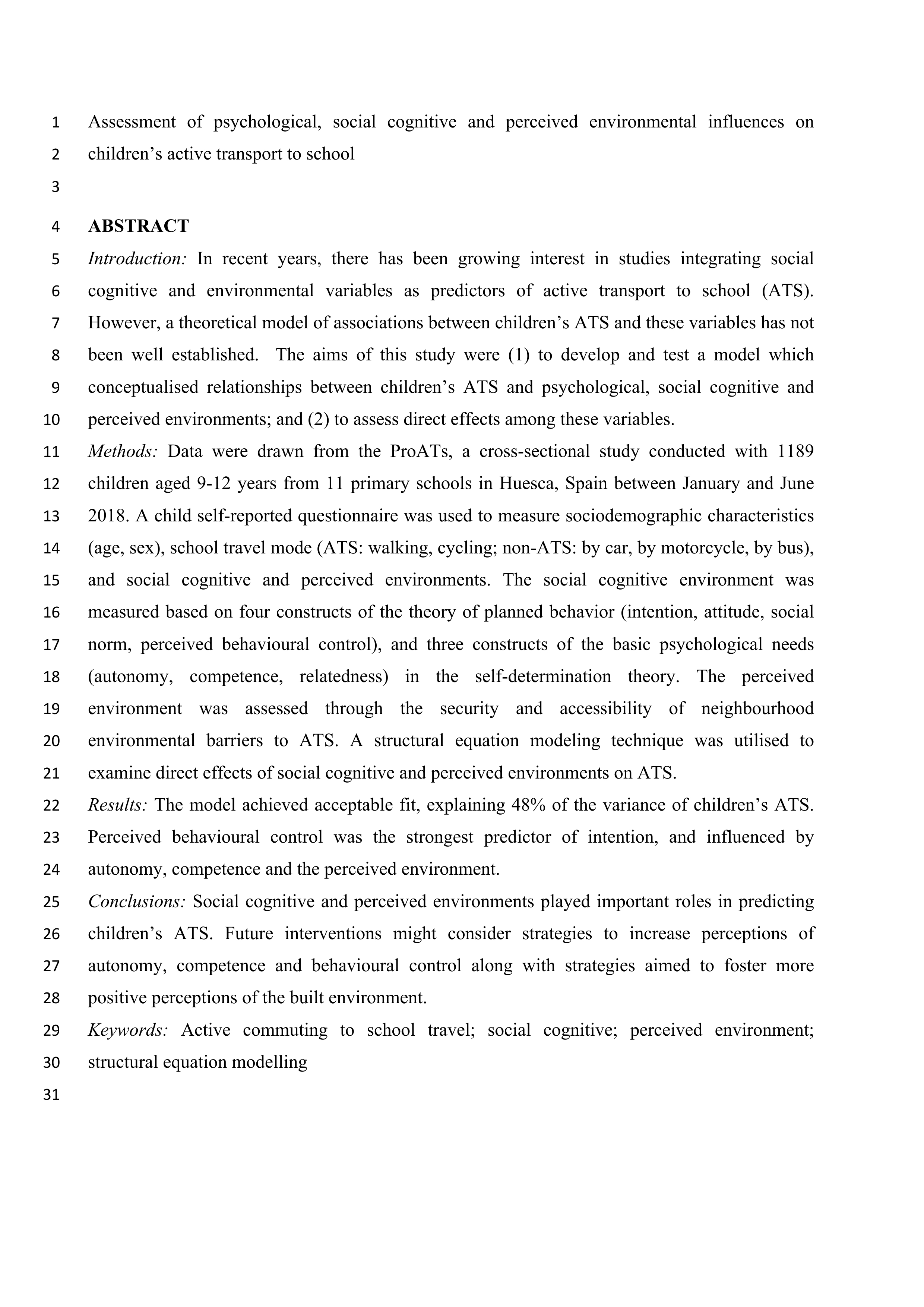 Assessment of psychological, social cognitive and perceived environmental influences on children's active transport to school