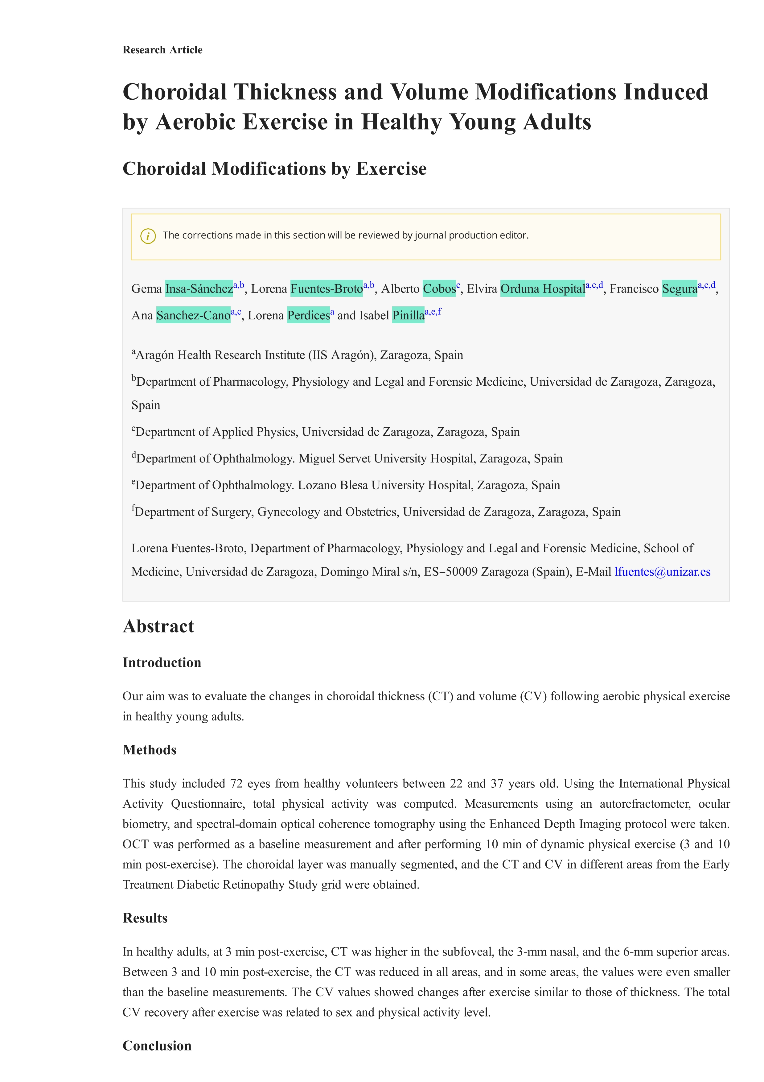 Choroidal Thickness and Volume Modifications Induced by Aerobic Exercise in Healthy Young Adults