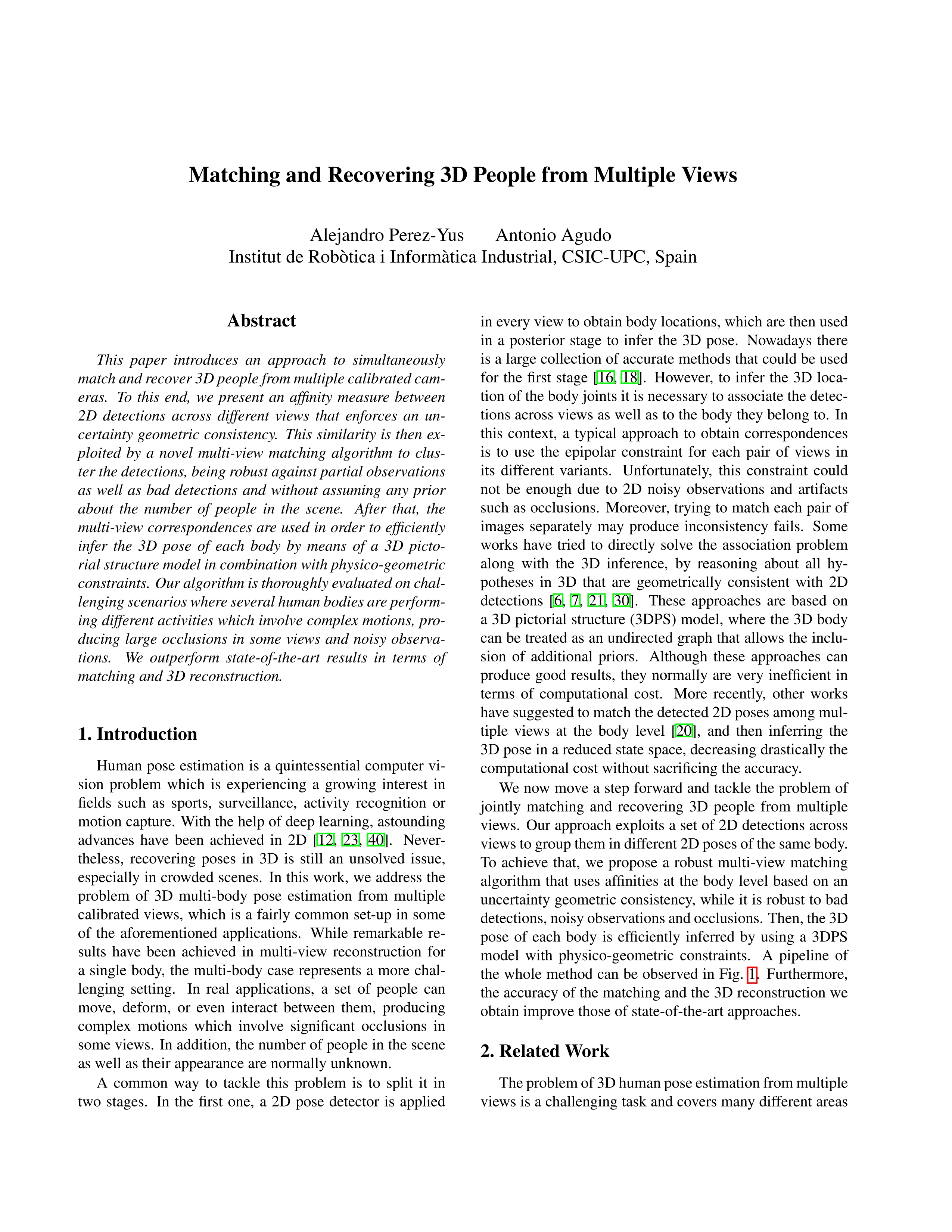 Matching and Recovering 3D People From Multiple Views