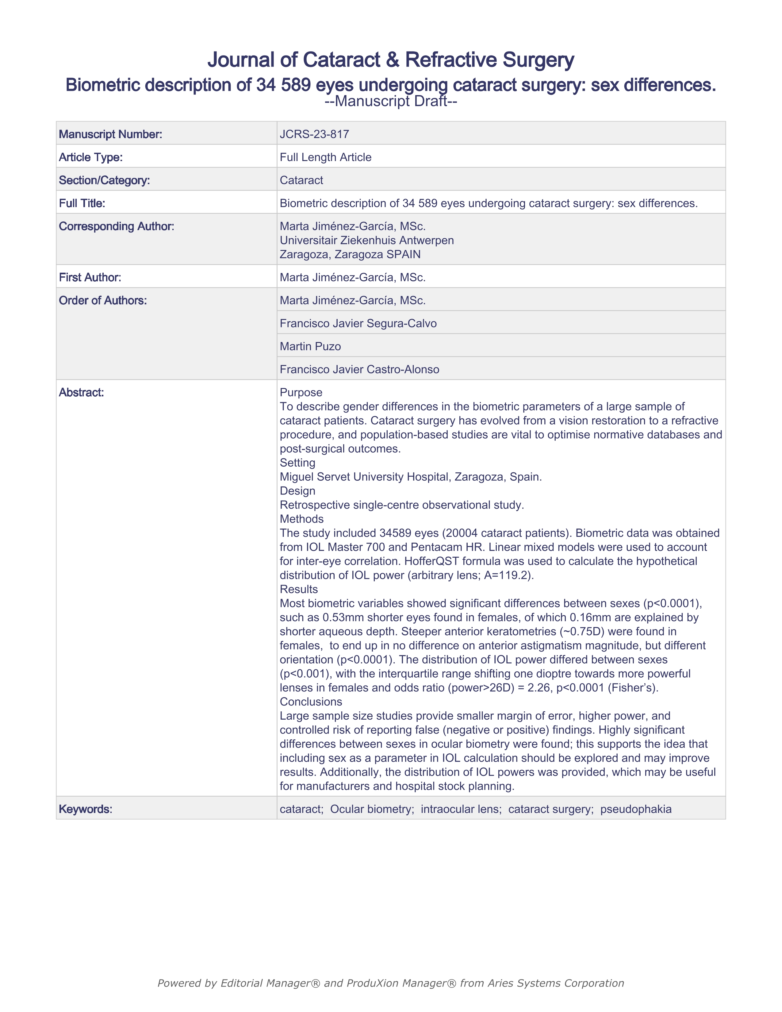 Biometric description of 34.589 eyes undergoing cataract surgery: sex differences