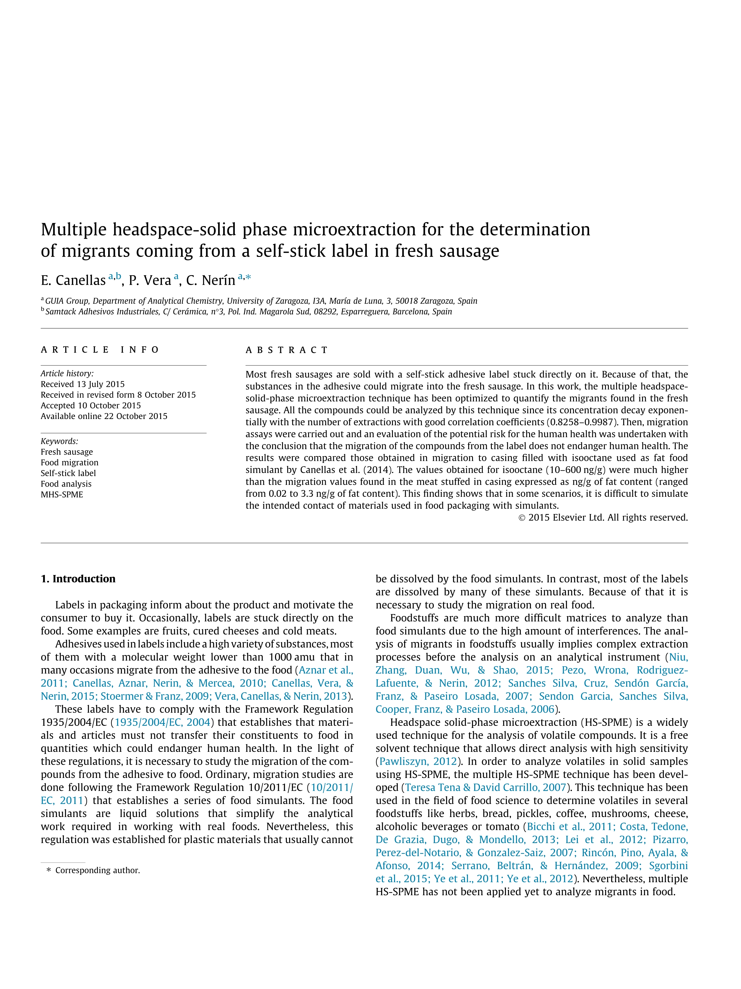 Multiple headspace-solid phase microextraction for the determination of migrants coming from a self-stick label in fresh sausage