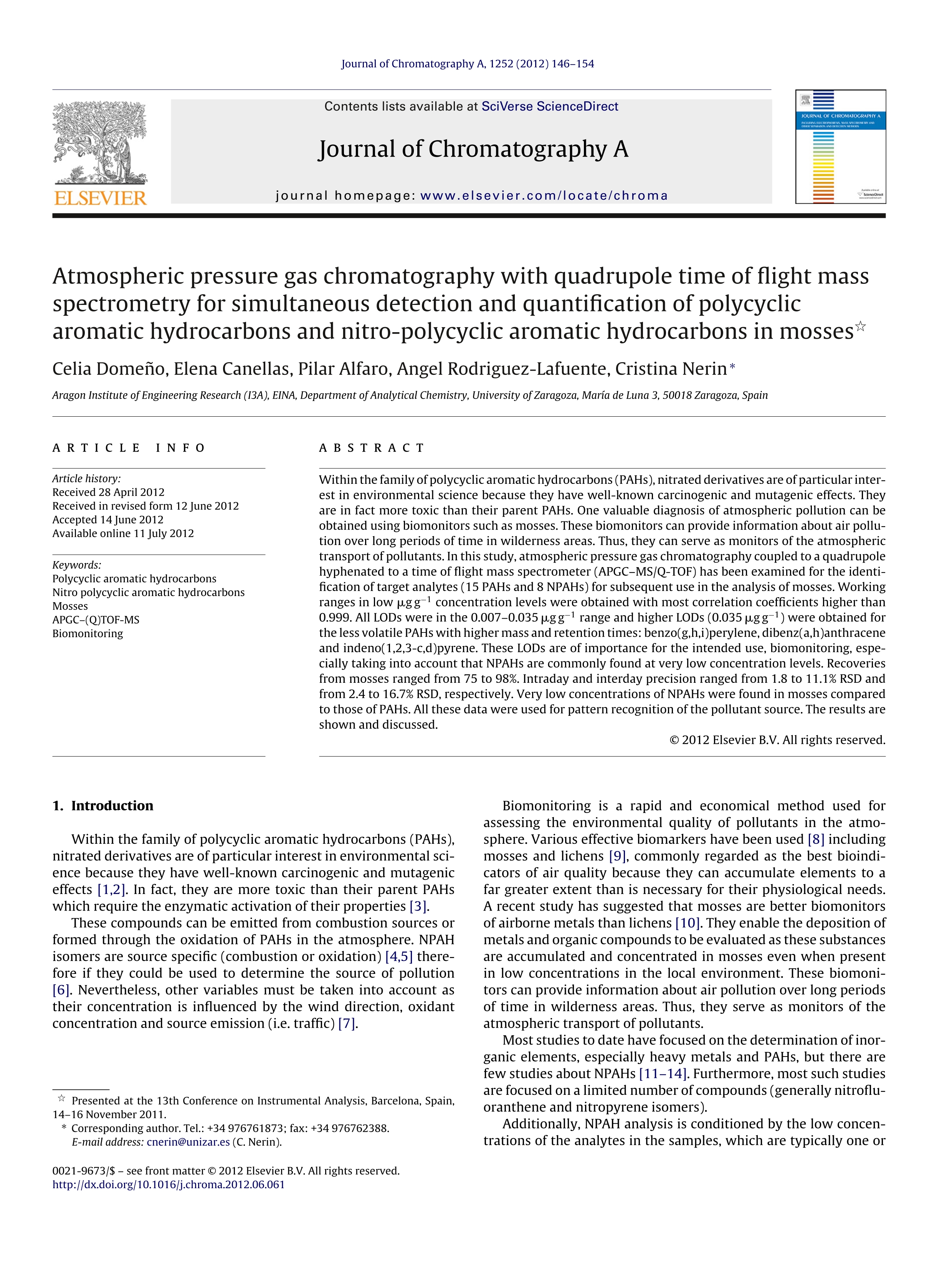 Atmospheric pressure gas chromatography with quadrupole time of flight mass spectrometry for simultaneous detection and quantification of polycyclic aromatic hydrocarbons and nitro-polycyclic aromatic hydrocarbons in mosses