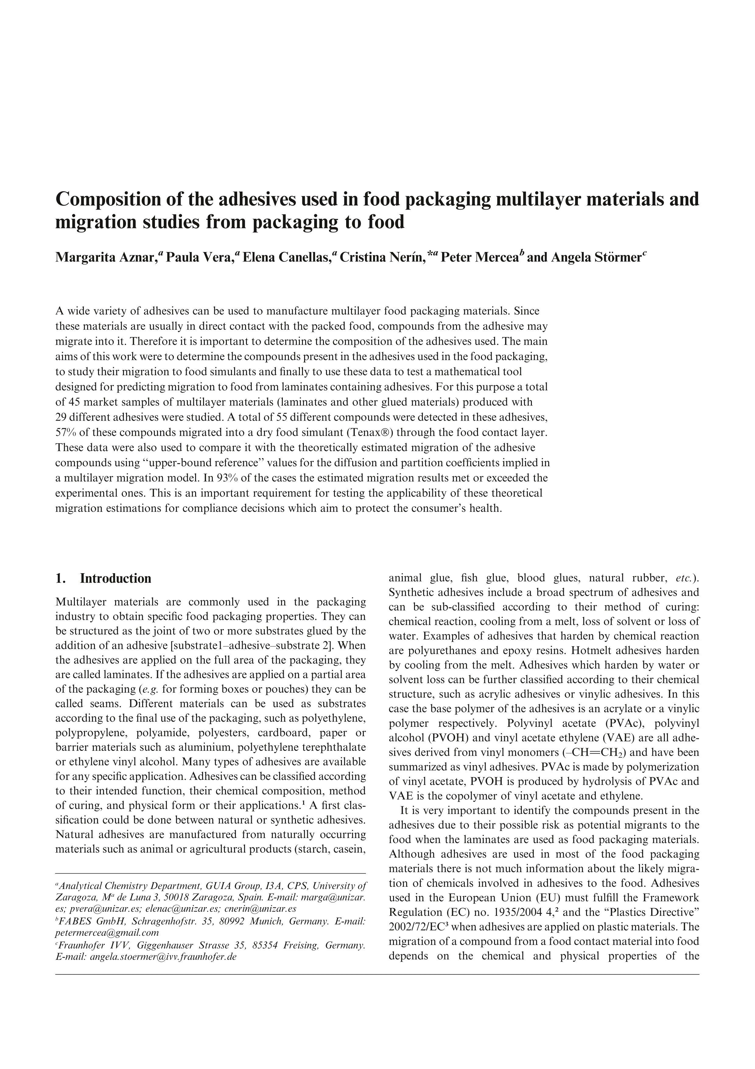 Composition of the adhesives used in food packaging multilayer materials and migration studies from packaging to food