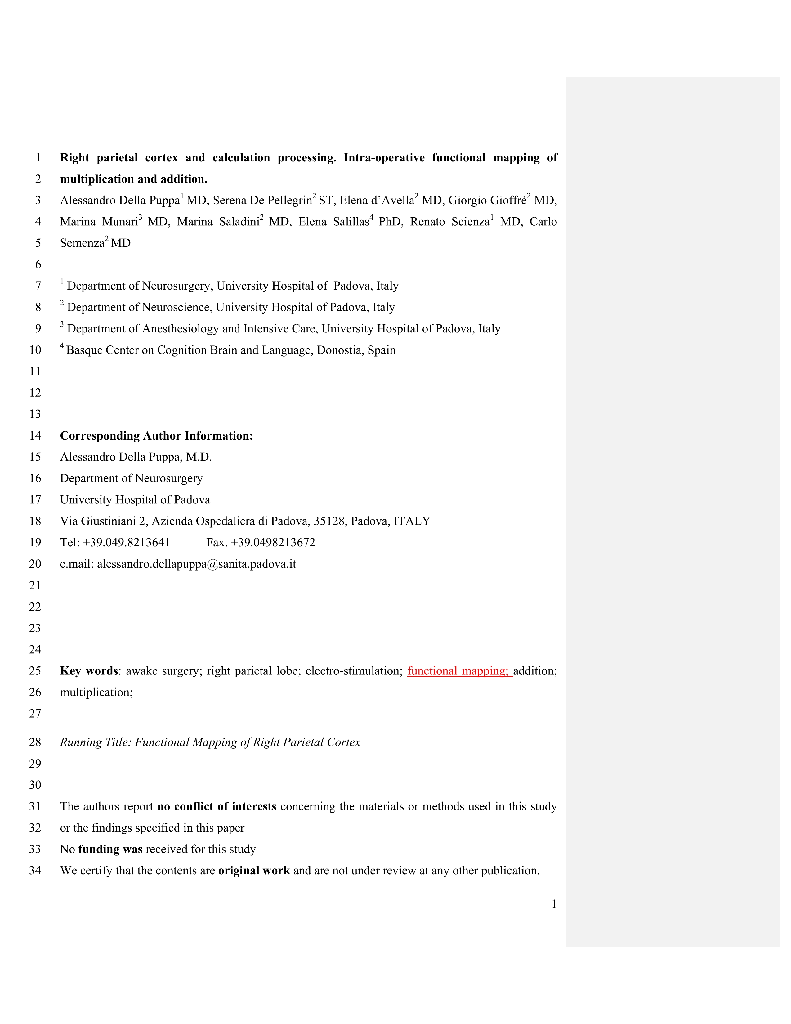 Right parietal cortex and calculation processing. Intra-operative functional mapping of multiplication and addition.