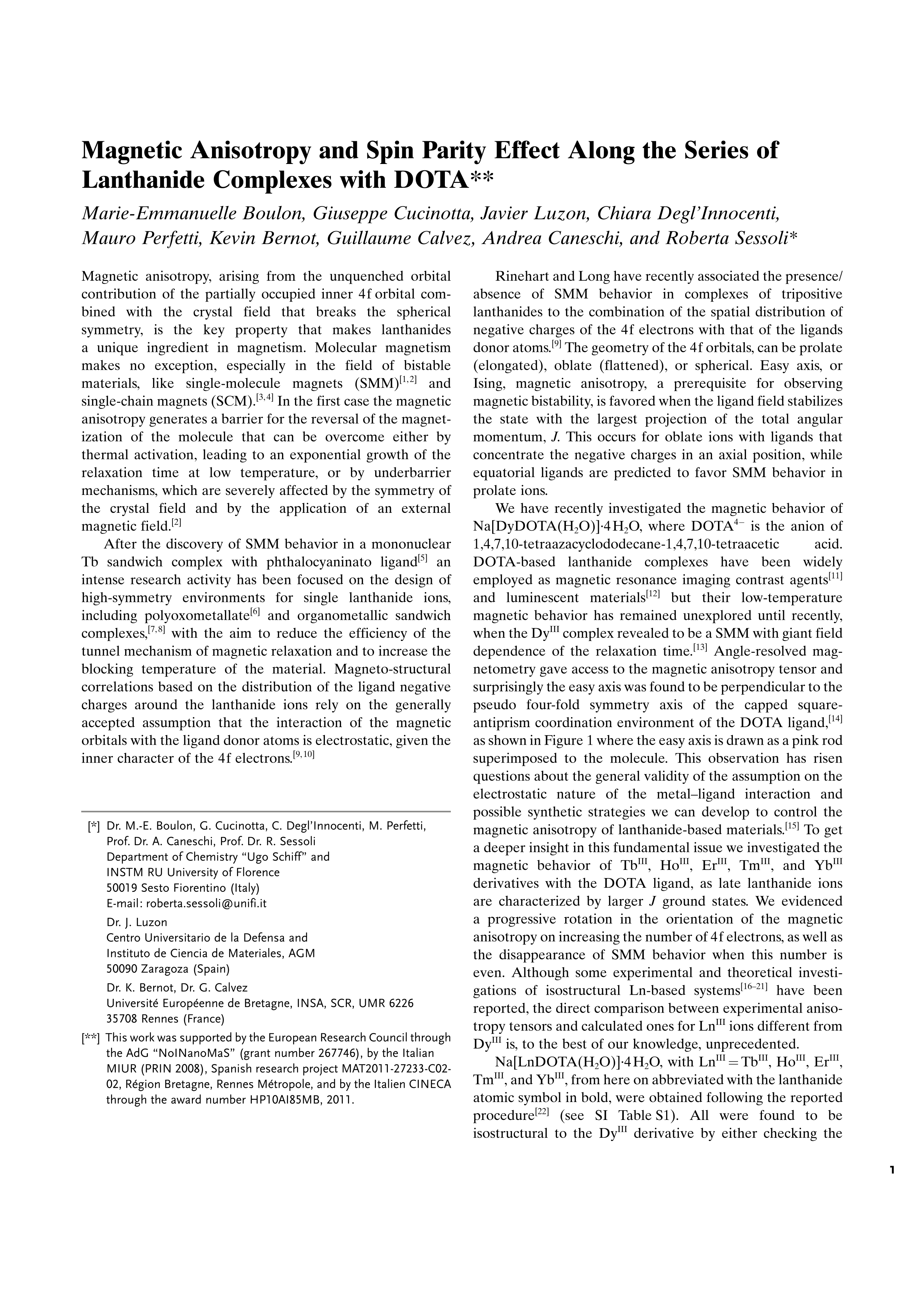 Magnetic anisotropy and spin-parity effect along the series of lanthanide complexes with DOTA