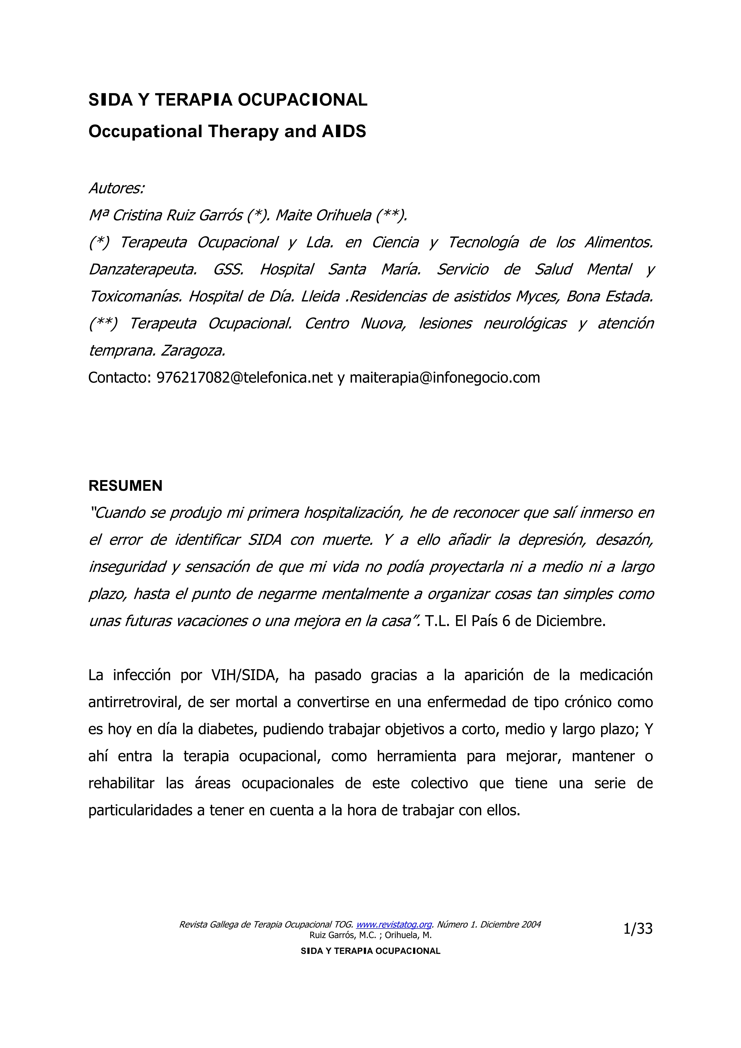SIDA y Terapia Ocupacional