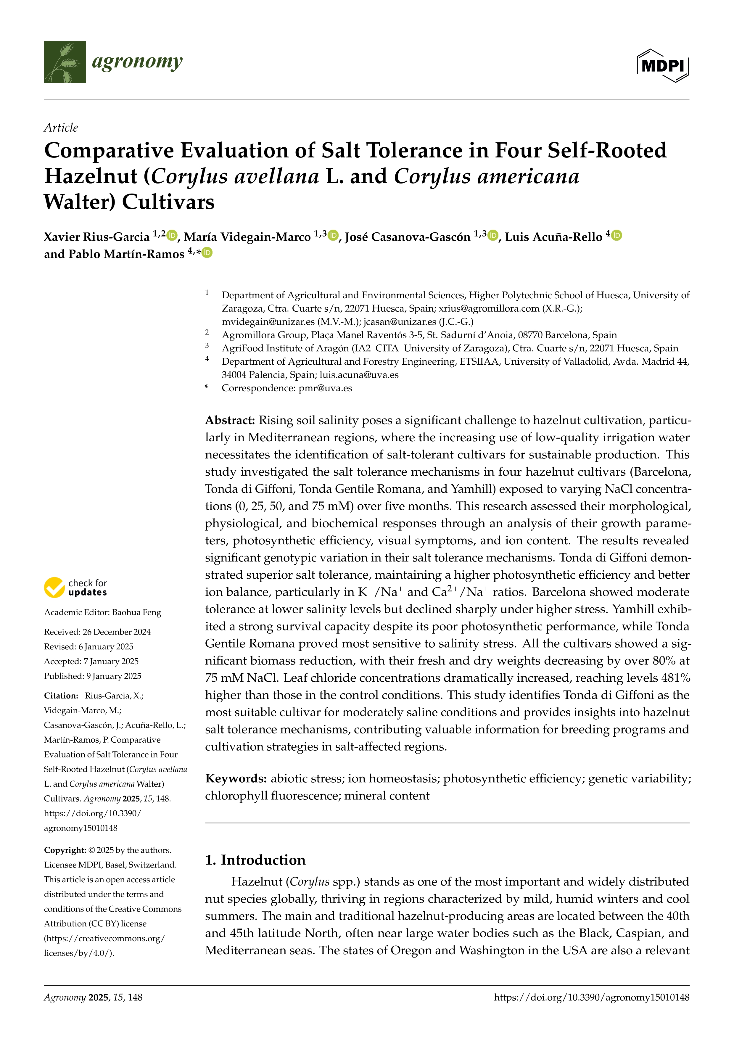 Comparative Evaluation of Salt Tolerance in Four Self-Rooted Hazelnut (Corylus avellana L. and Corylus americana Walter) Cultivars