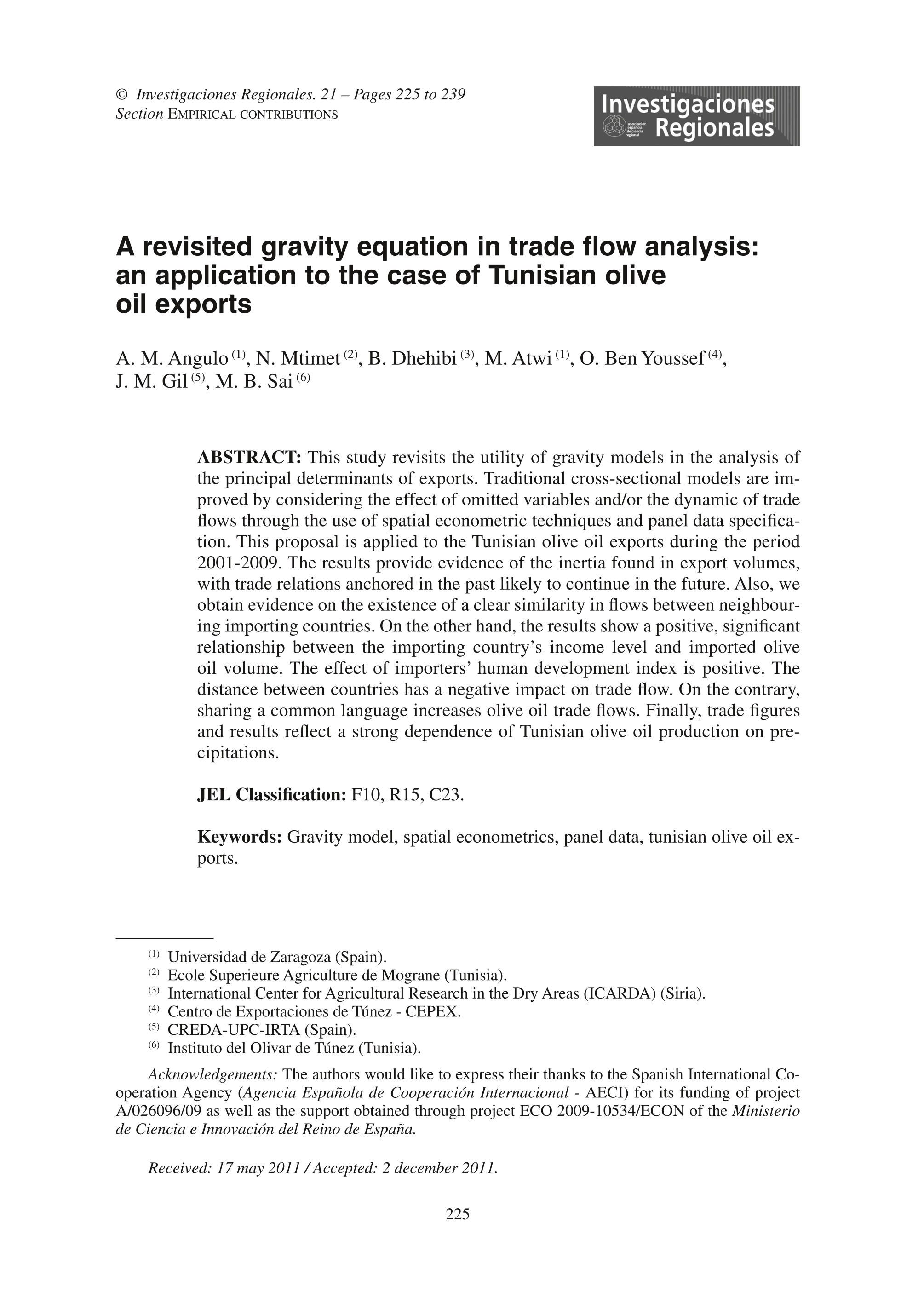 Una ecuación de gravedad revisada en el análisis de flujos de comercio: una aplicación al caso de las exportaciones de aceite de oliva tunecino