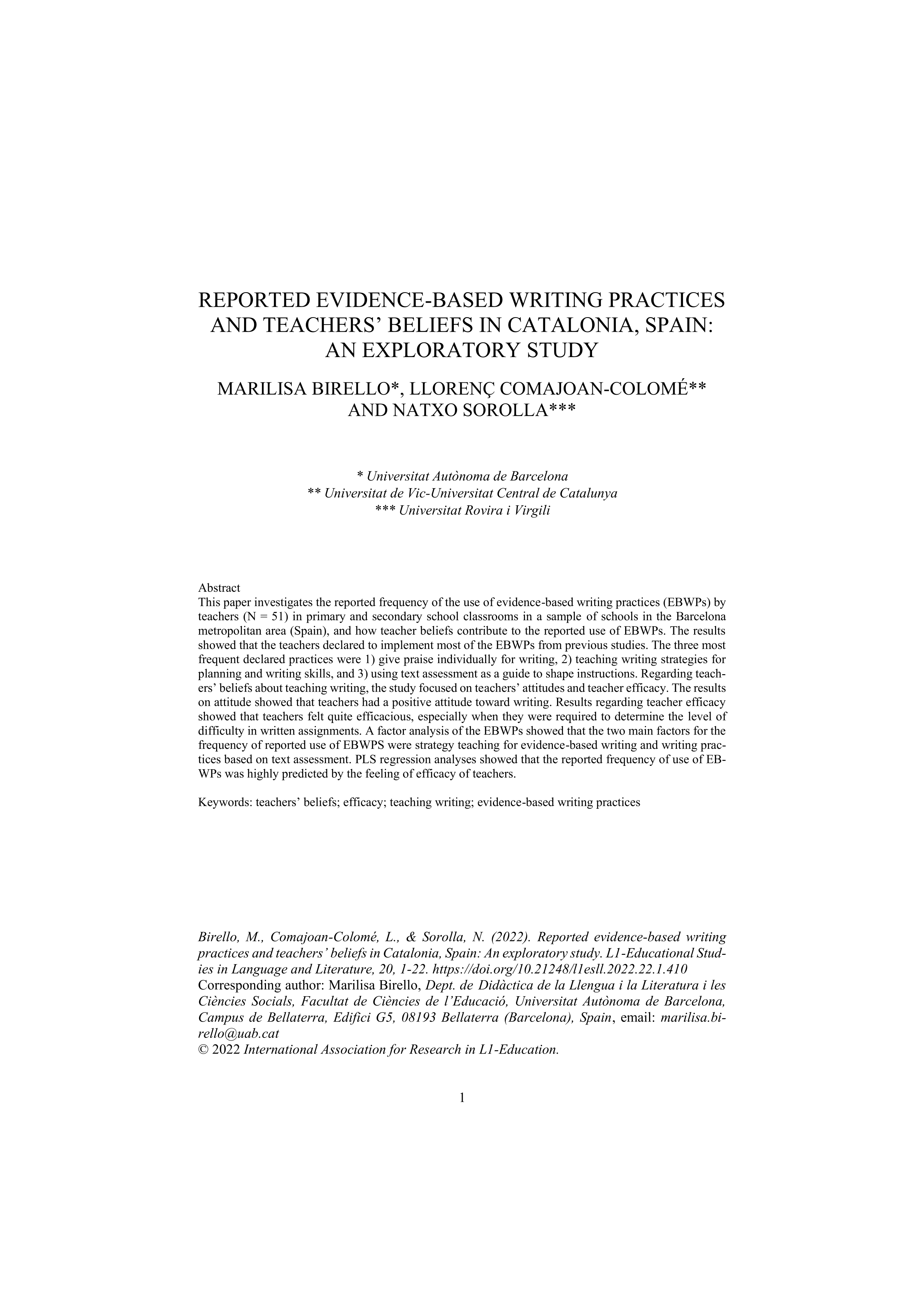 Reported evidence-based writing practices and teachers’ beliefs in Catalonia, Spain: an exploratory study