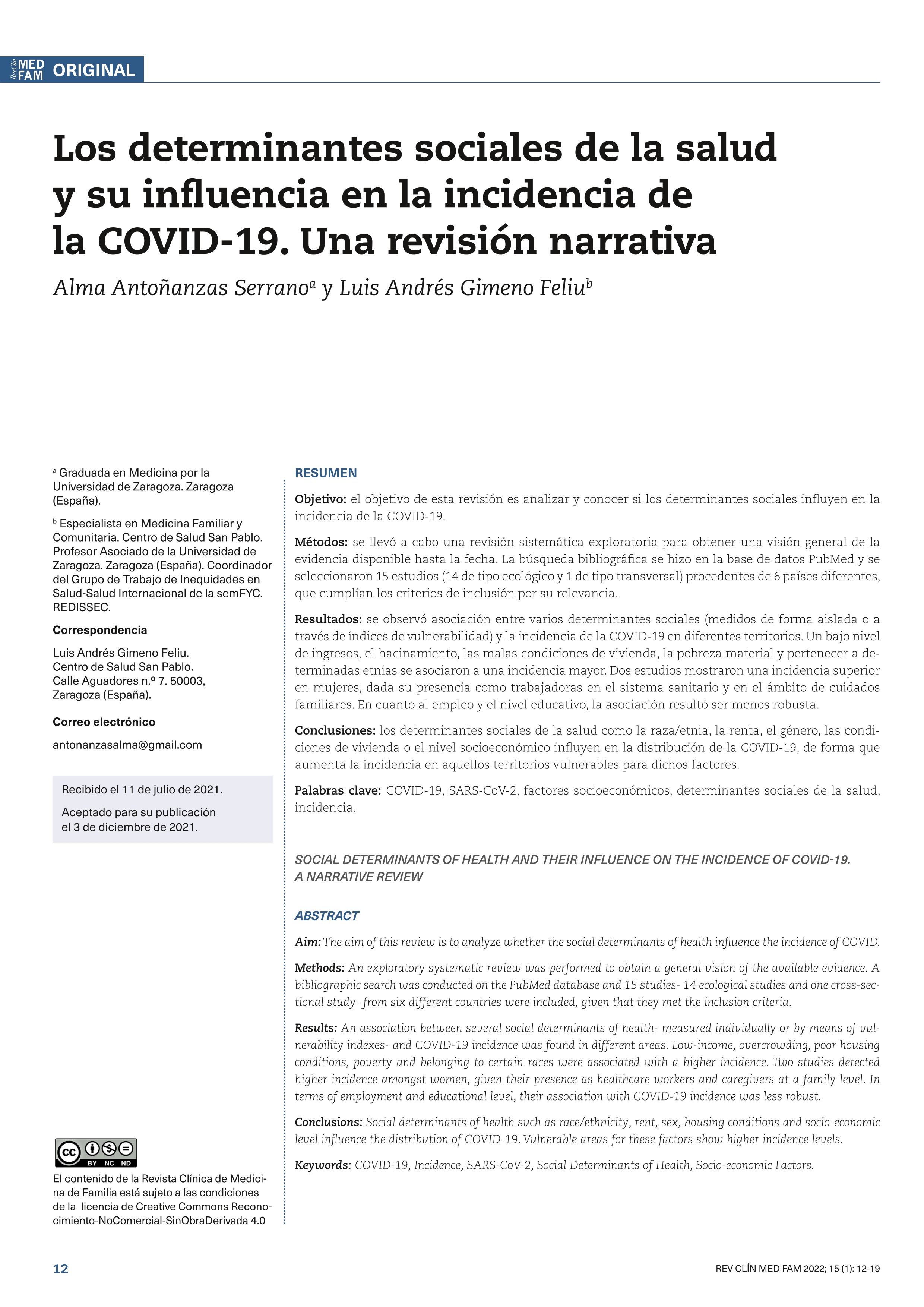 Los determinantes sociales de la salud y su influencia en la incidencia de la COVID-19. Una revisión narrativa