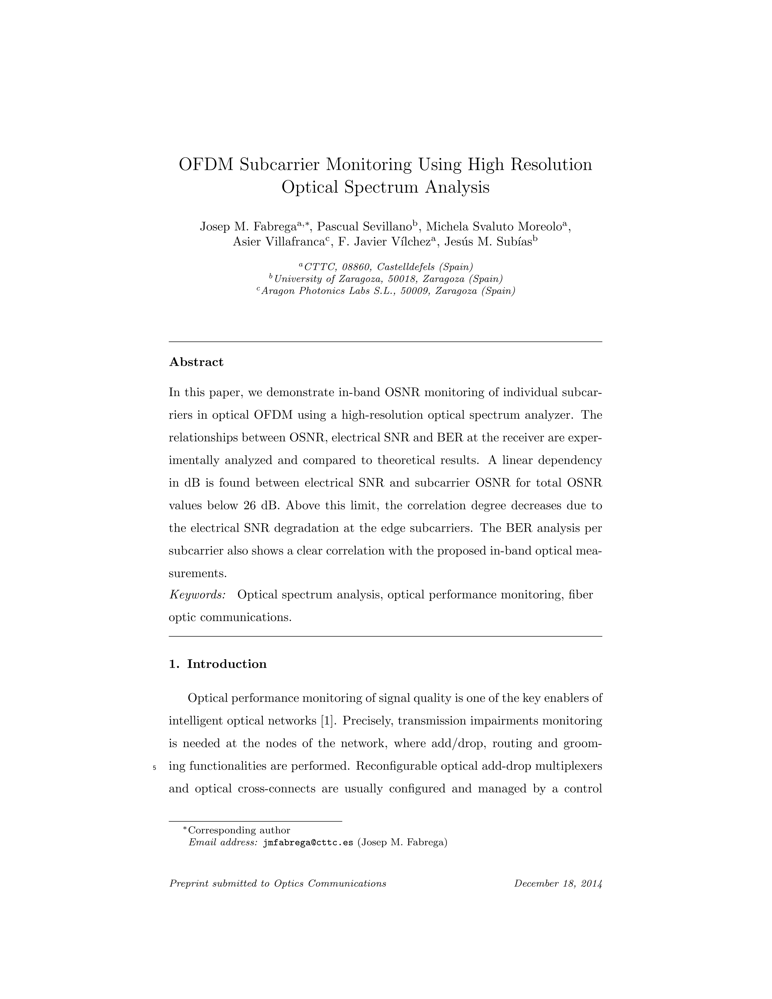 OFDM subcarrier monitoring using high resolution optical spectrum analysis