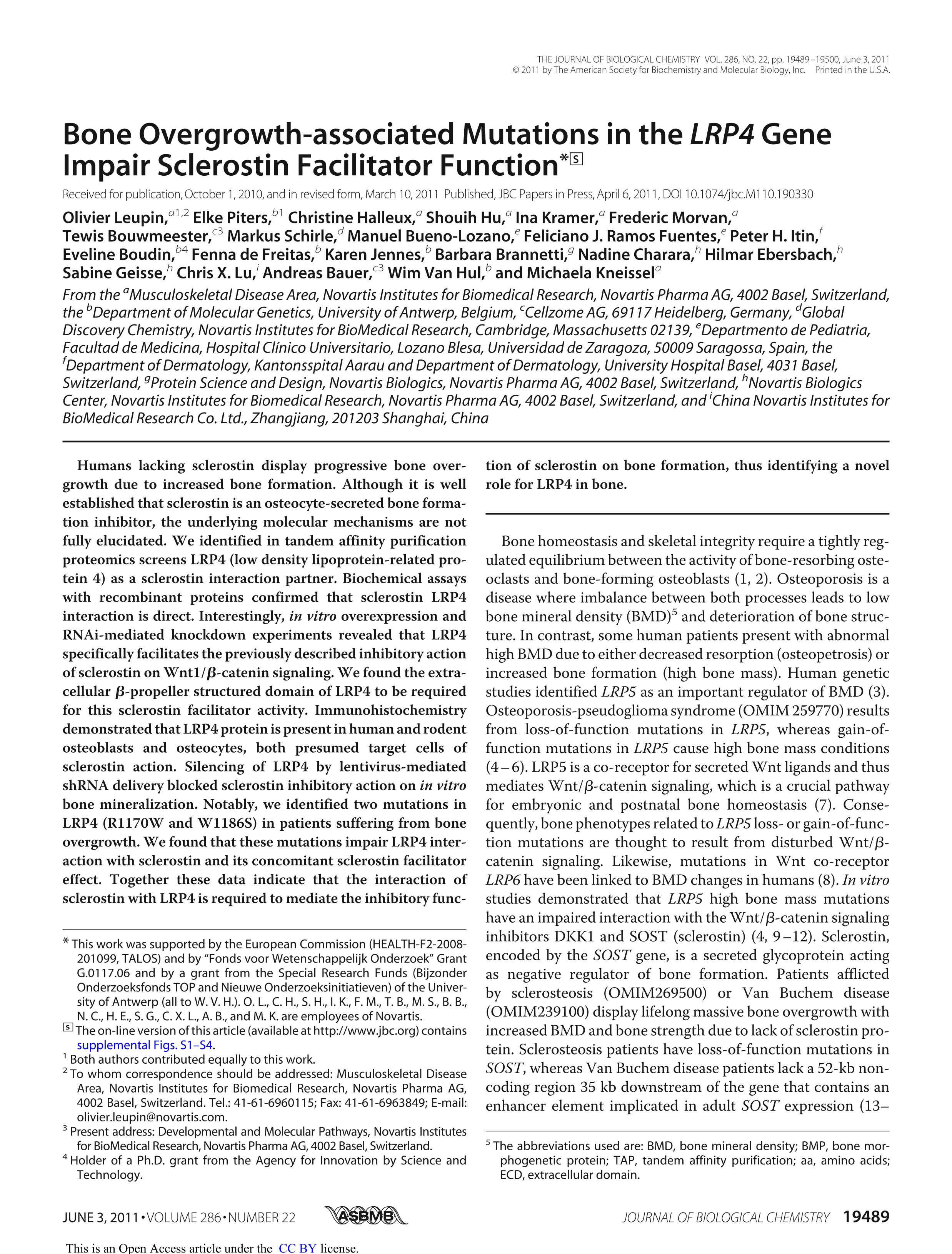 Bone Overgrowth-associated Mutations in the LRP4 Gene Impair Sclerostin Facilitator Function