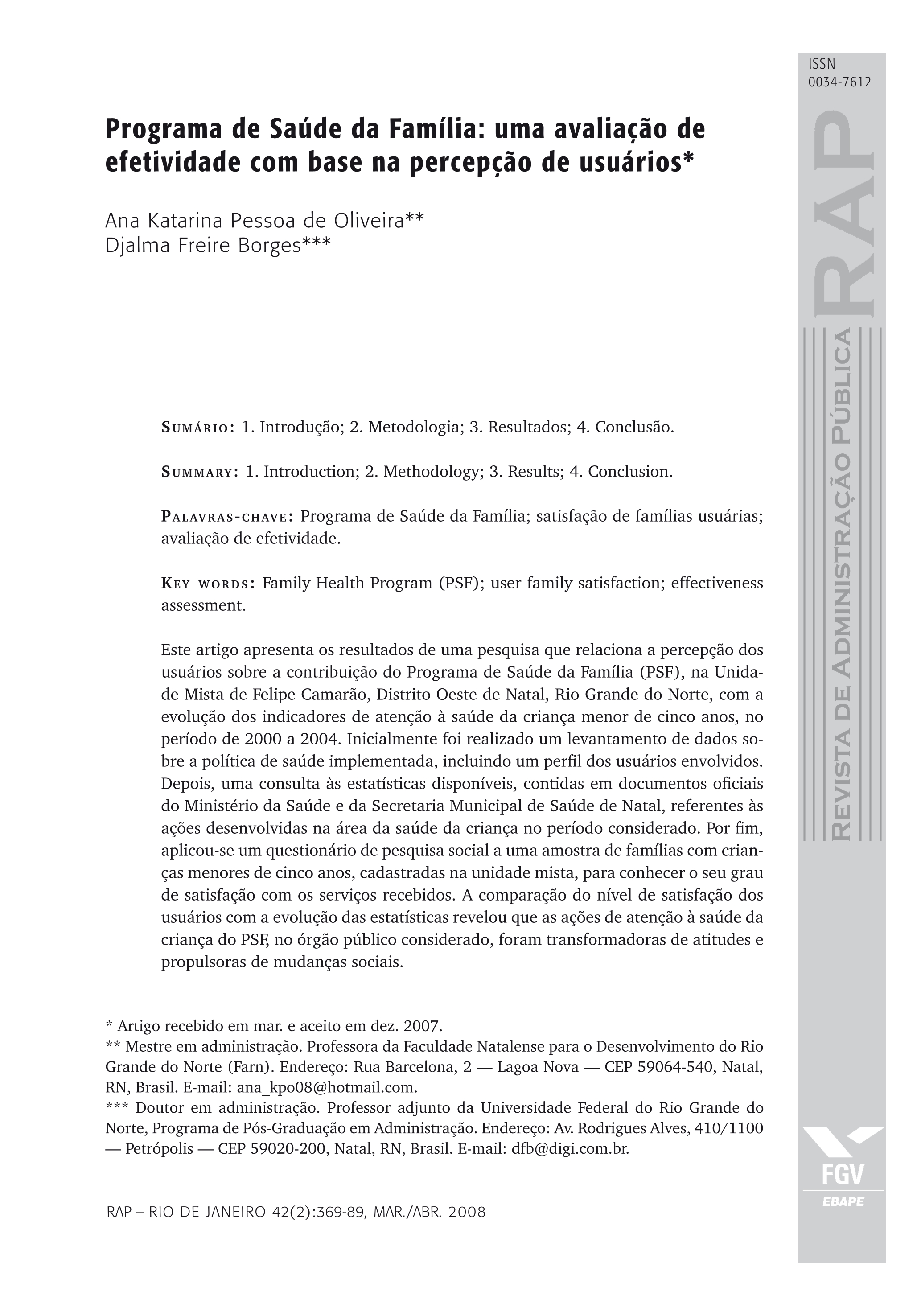 Programa de Saúde da Familia: uma avaliação de efetividade com base na percepção de usuarios