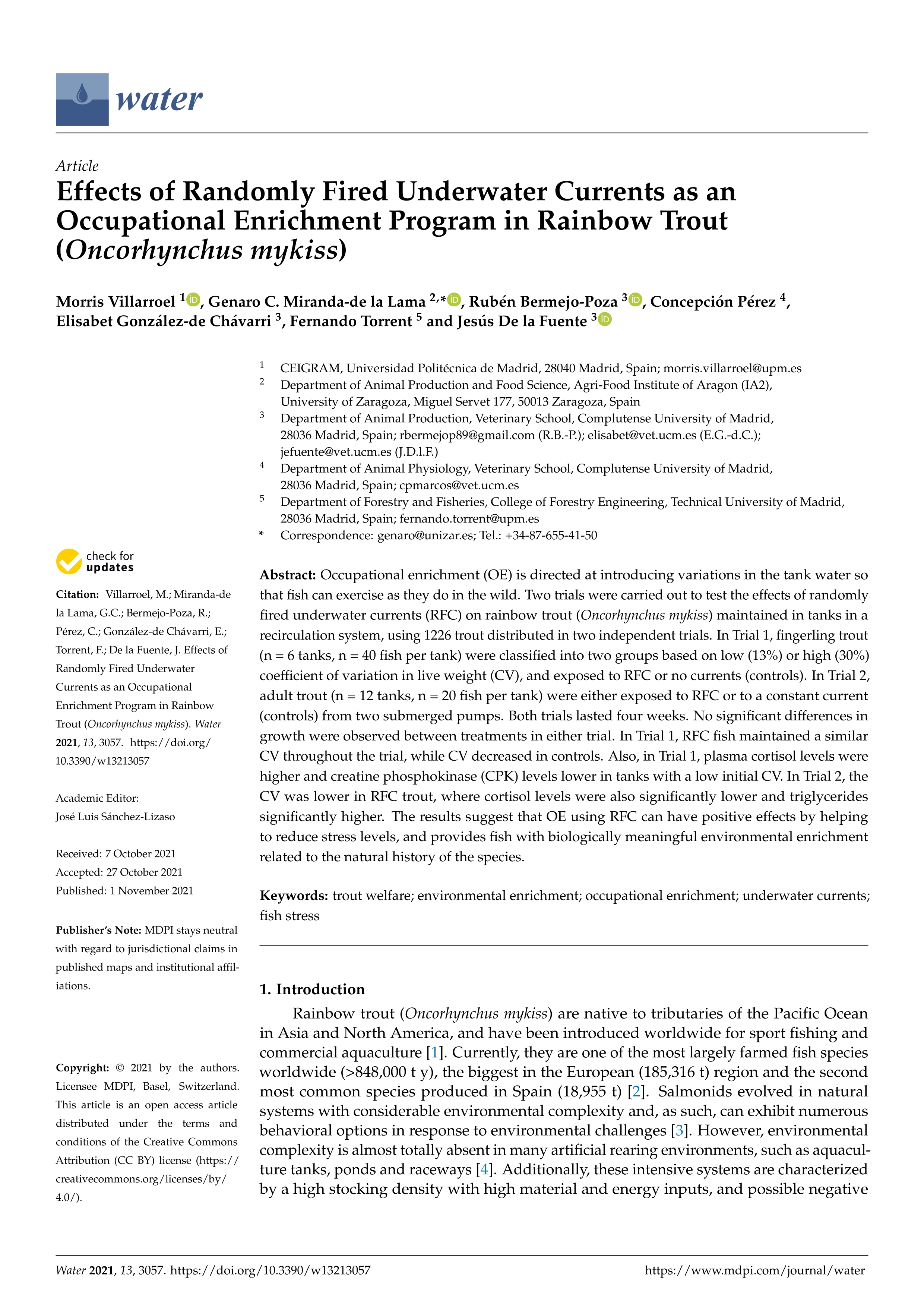 Effects of randomly fired underwater currents as an occupational enrichment program in rainbow trout (Oncorhynchus mykiss)