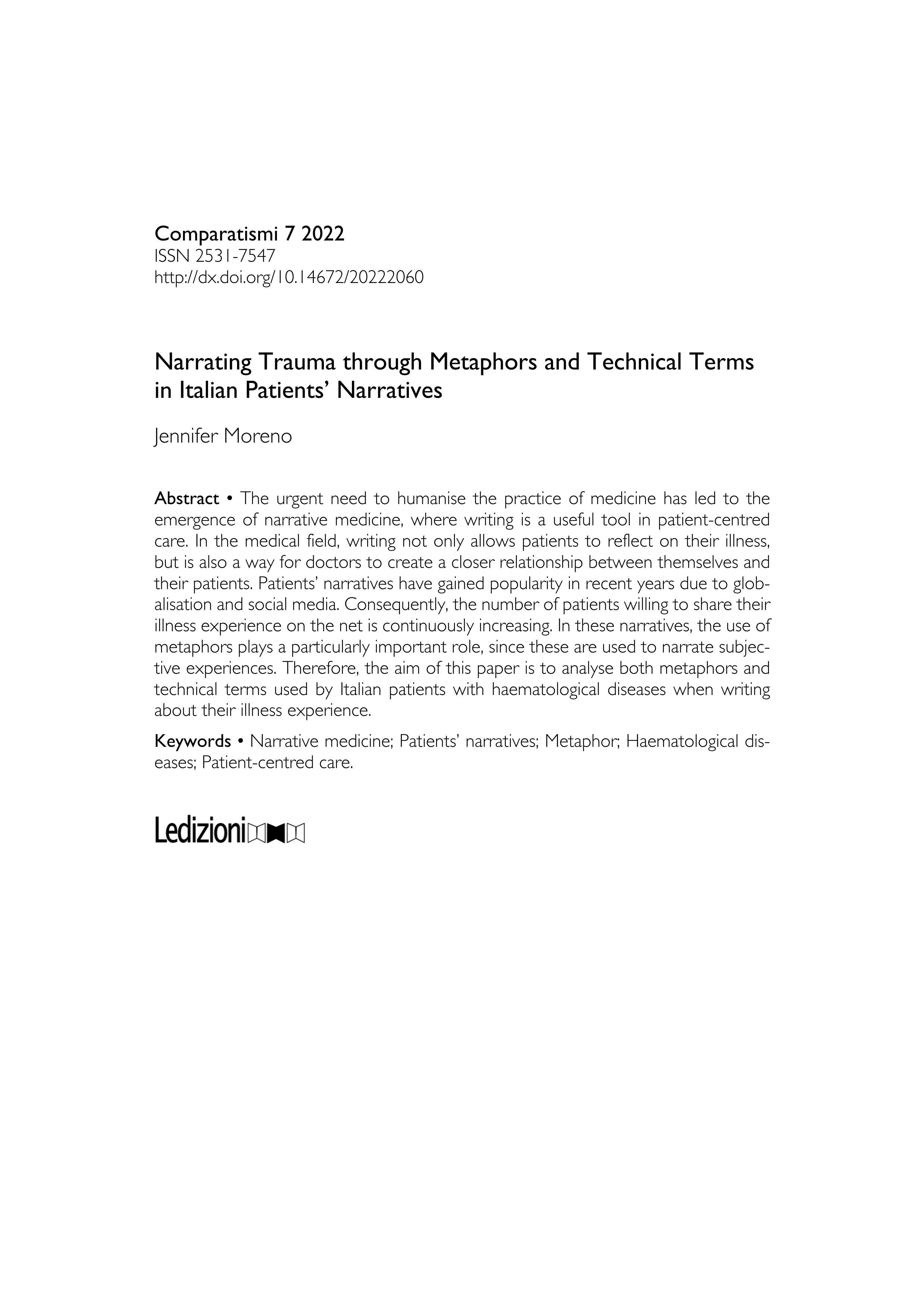 Narrating trauma through metaphors and technical terms in italian patients’ narratives