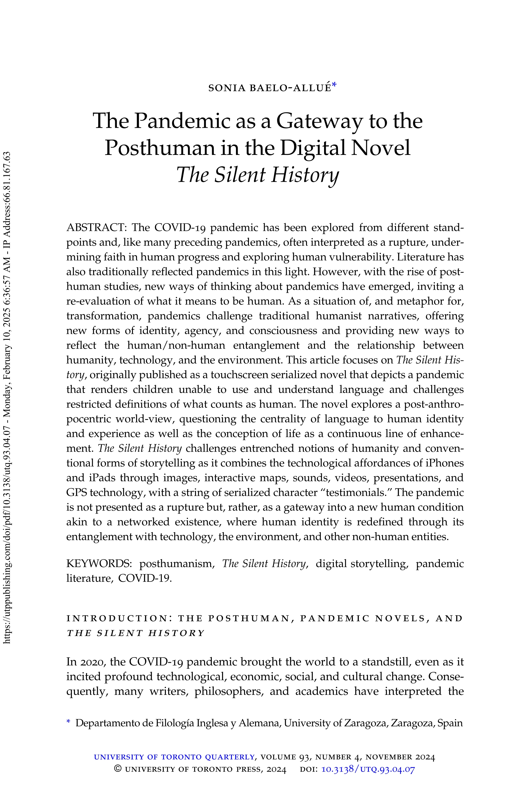 The Pandemic as a Gateway to the Posthuman in the Digital Novel The Silent History