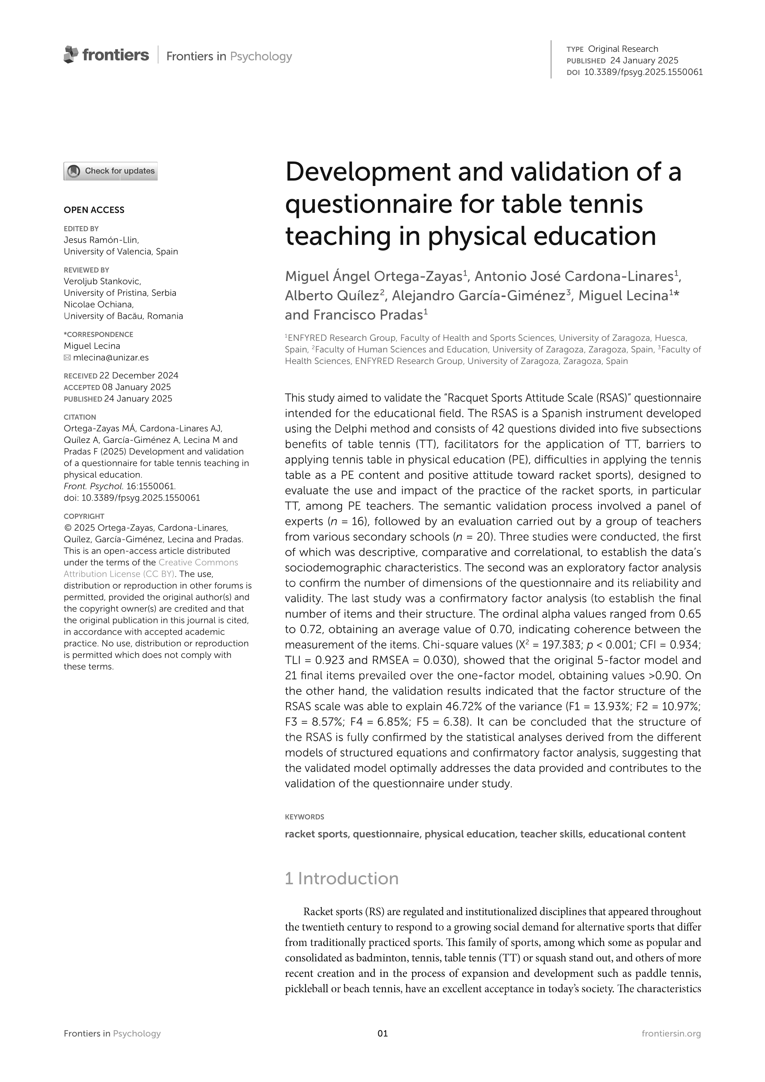 Development and validation of a questionnaire for table tennis teaching in physical education