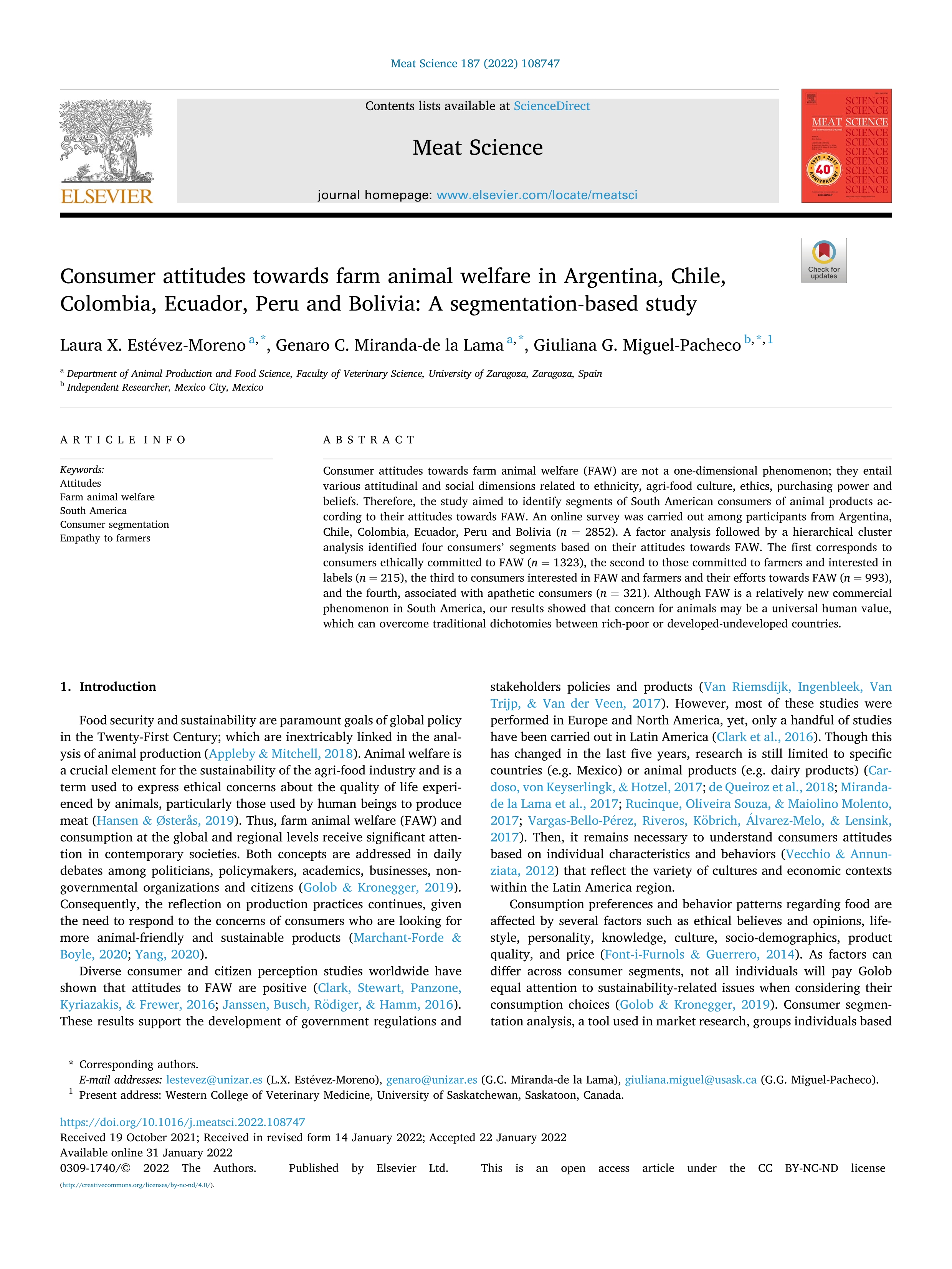 Consumer attitudes towards farm animal welfare in Argentina, Chile, Colombia, Ecuador, Peru and Bolivia: A segmentation-based study