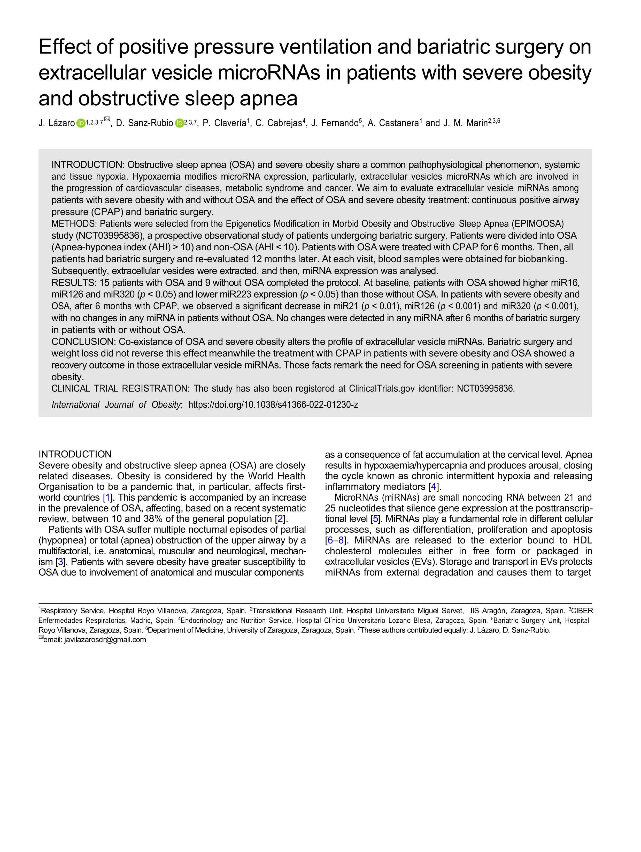 Effect of positive pressure ventilation and bariatric surgery on extracellular vesicle microRNAs in patients with severe obesity and obstructive sleep apnea