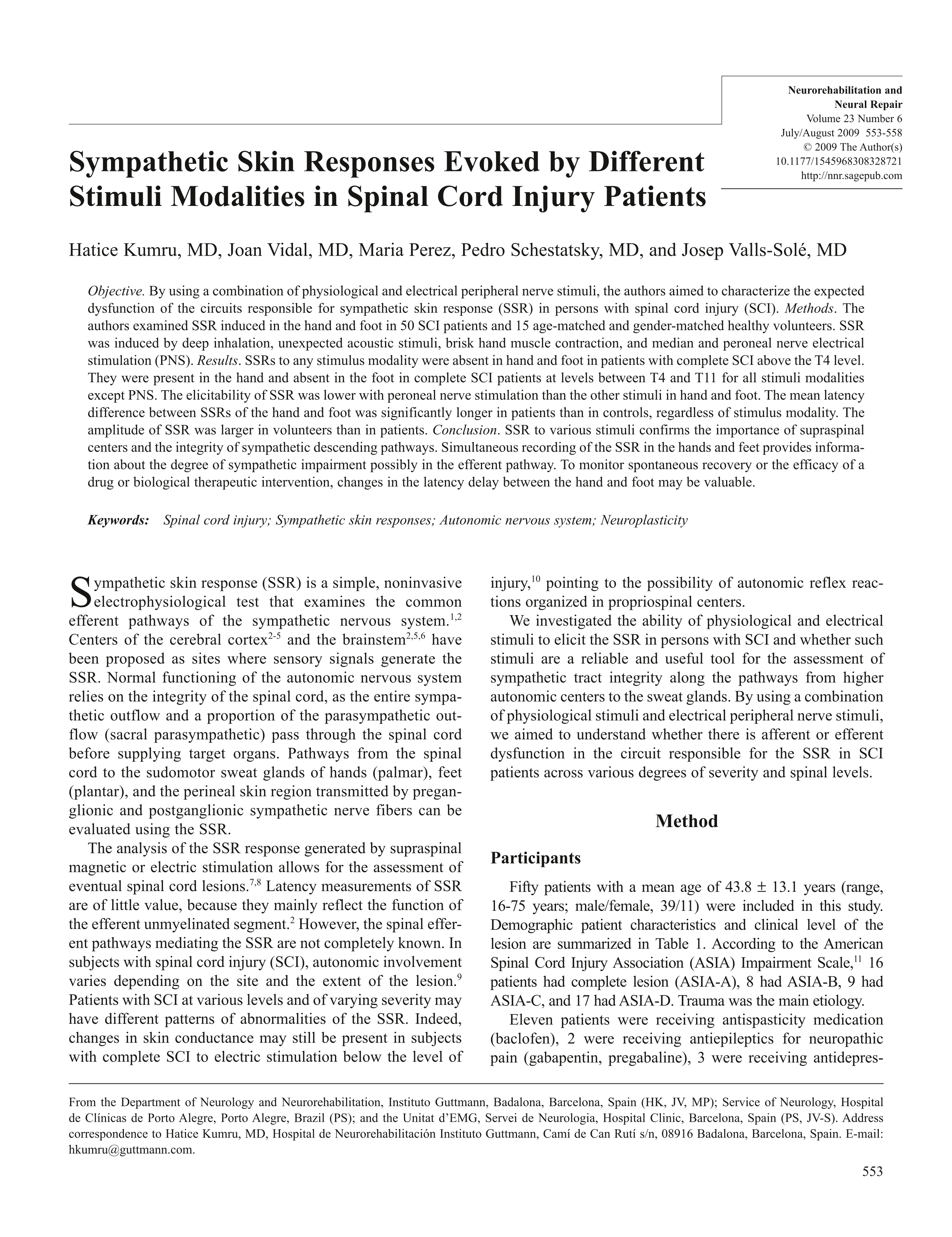 Sympathetic skin responses evoked by different stimuli modalities in spinal cord injury patients