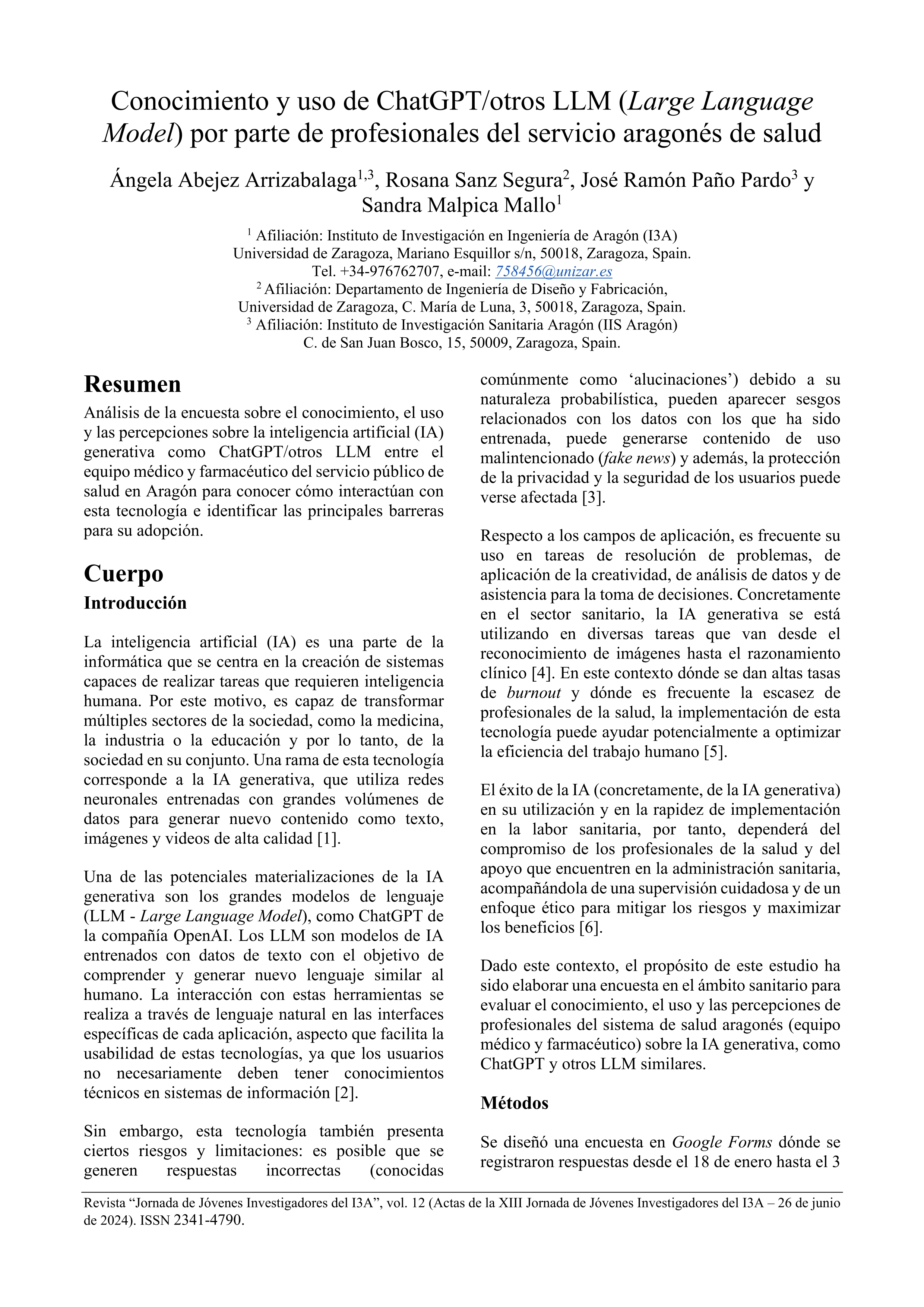 Conocimiento y uso de ChatGPT/otros LLM (Large Language Model) por parte de profesionales del servicio aragonés de salud