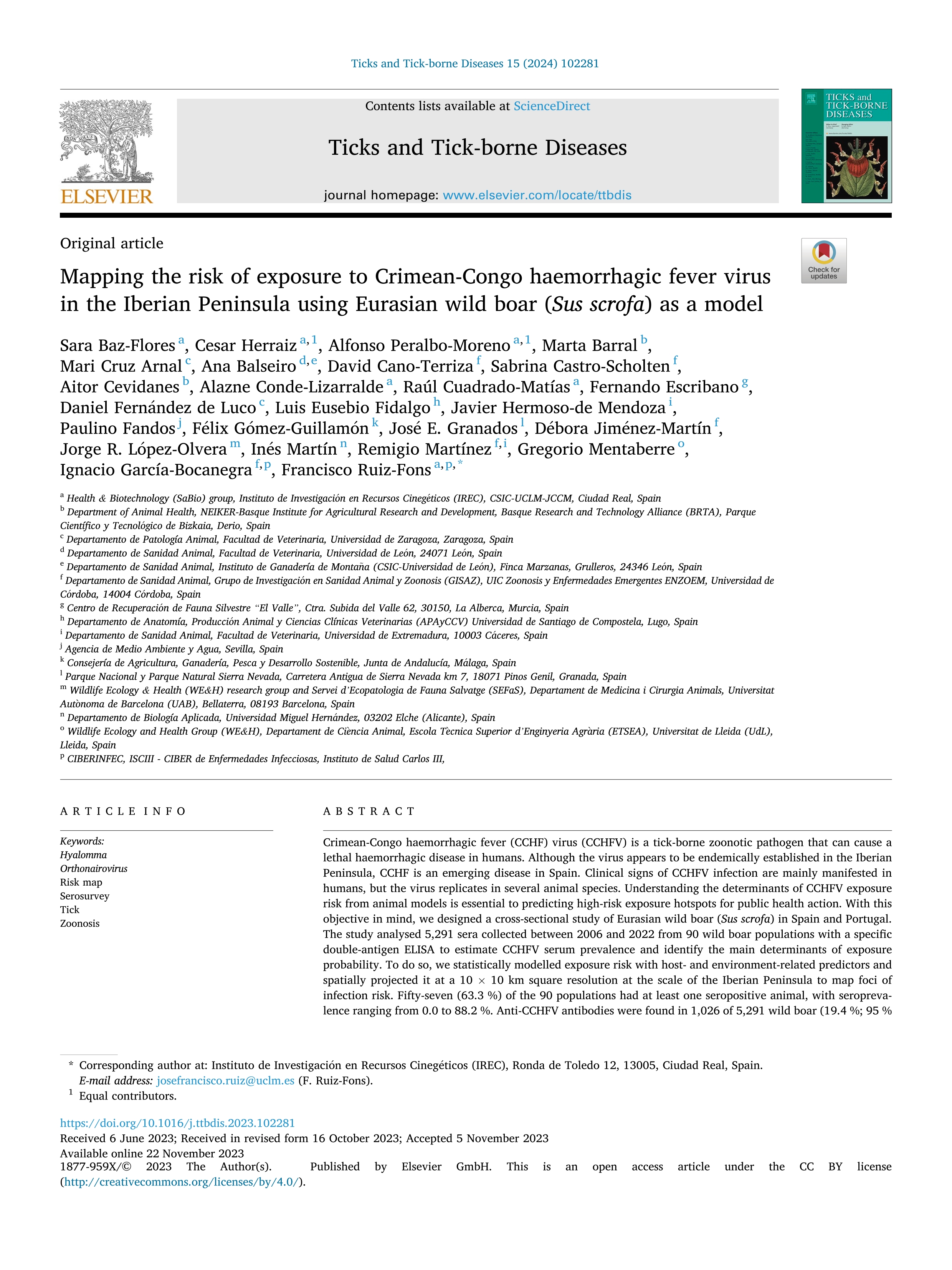 Mapping the risk of exposure to Crimean-Congo haemorrhagic fever virus in the Iberian Peninsula using Eurasian wild boar (Sus scrofa) as a model