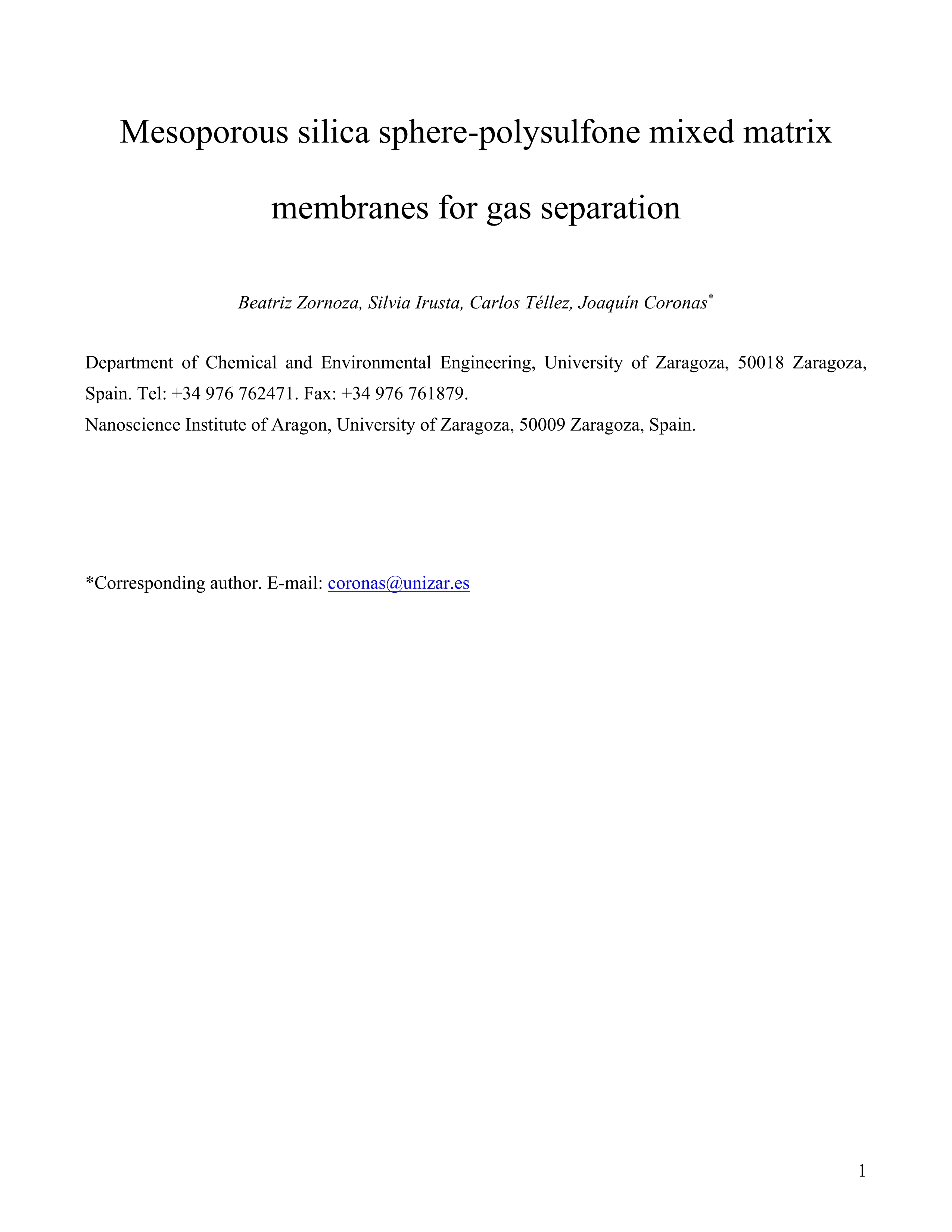 Mesoporous Silica Sphere-Polysulfone Mixed Matrix Membranes for Gas Separation