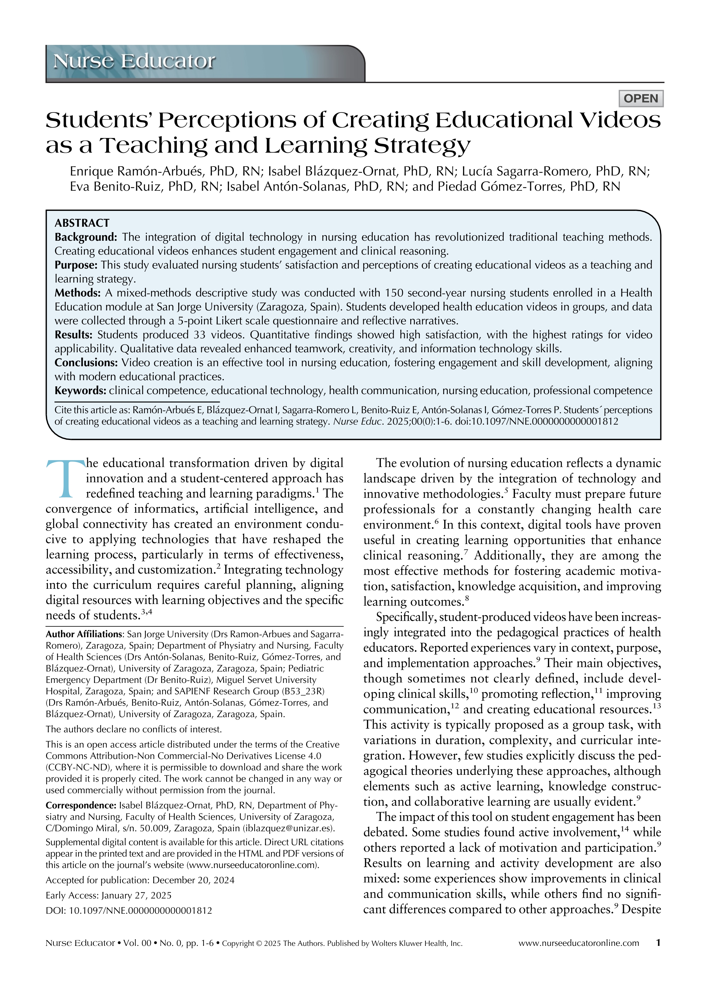 Students’ perceptions of creating educational videos as a teaching and learning strategy