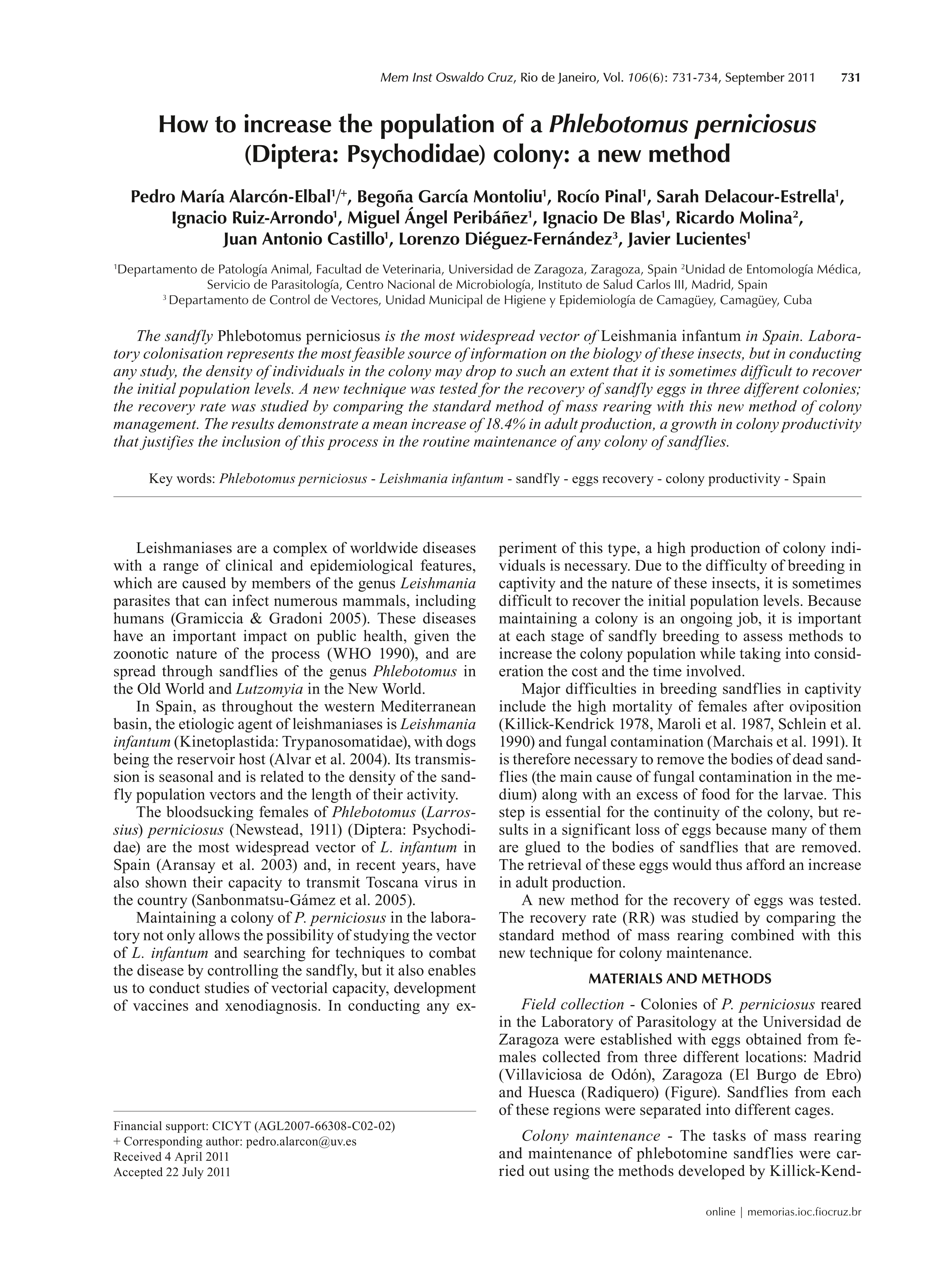 How to increase the population of a Phlebotomus perniciosus (Diptera: Psychodidae) colony: A new method