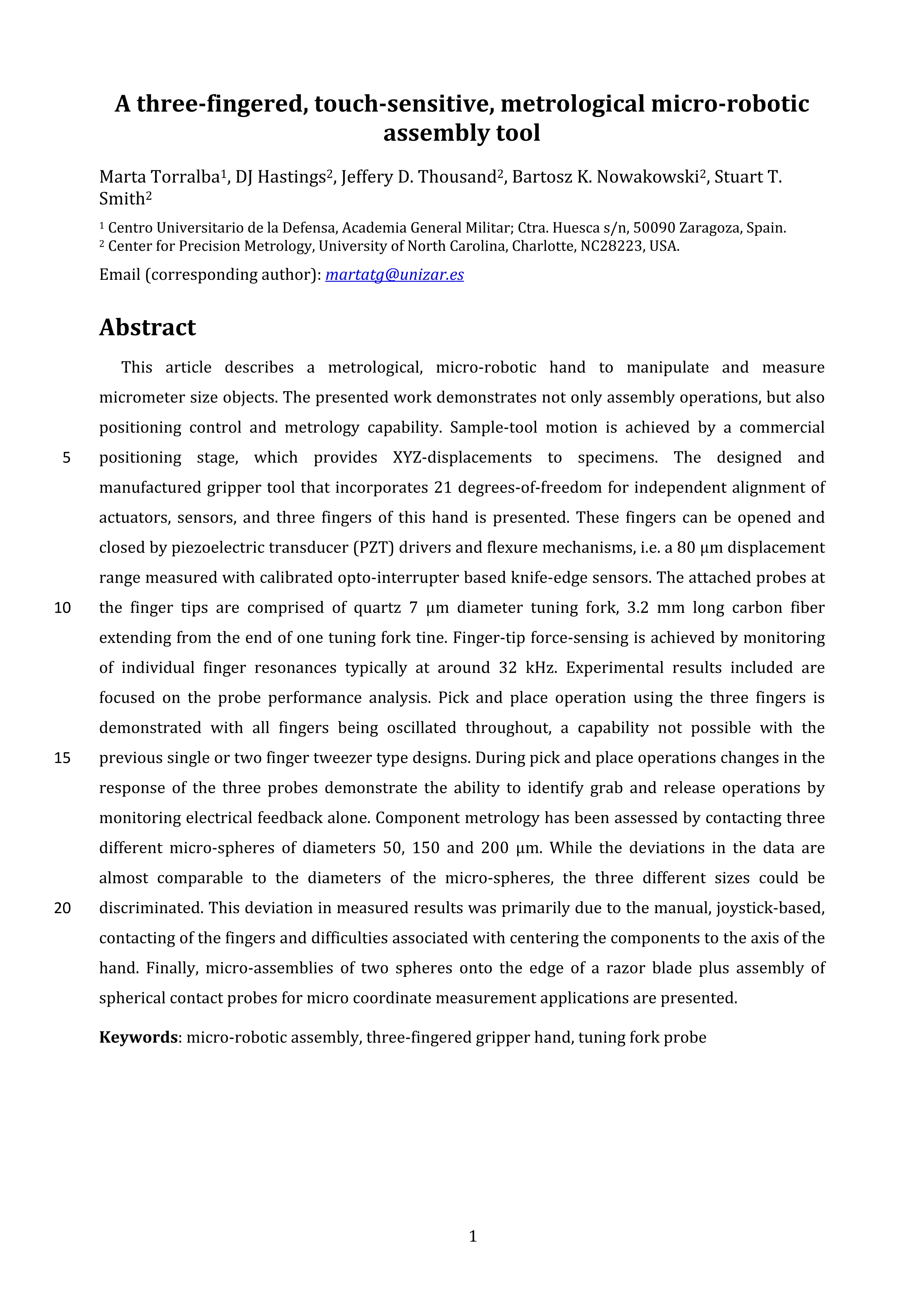 A three-fingered, touch-sensitive, metrological micro-robotic assembly tool