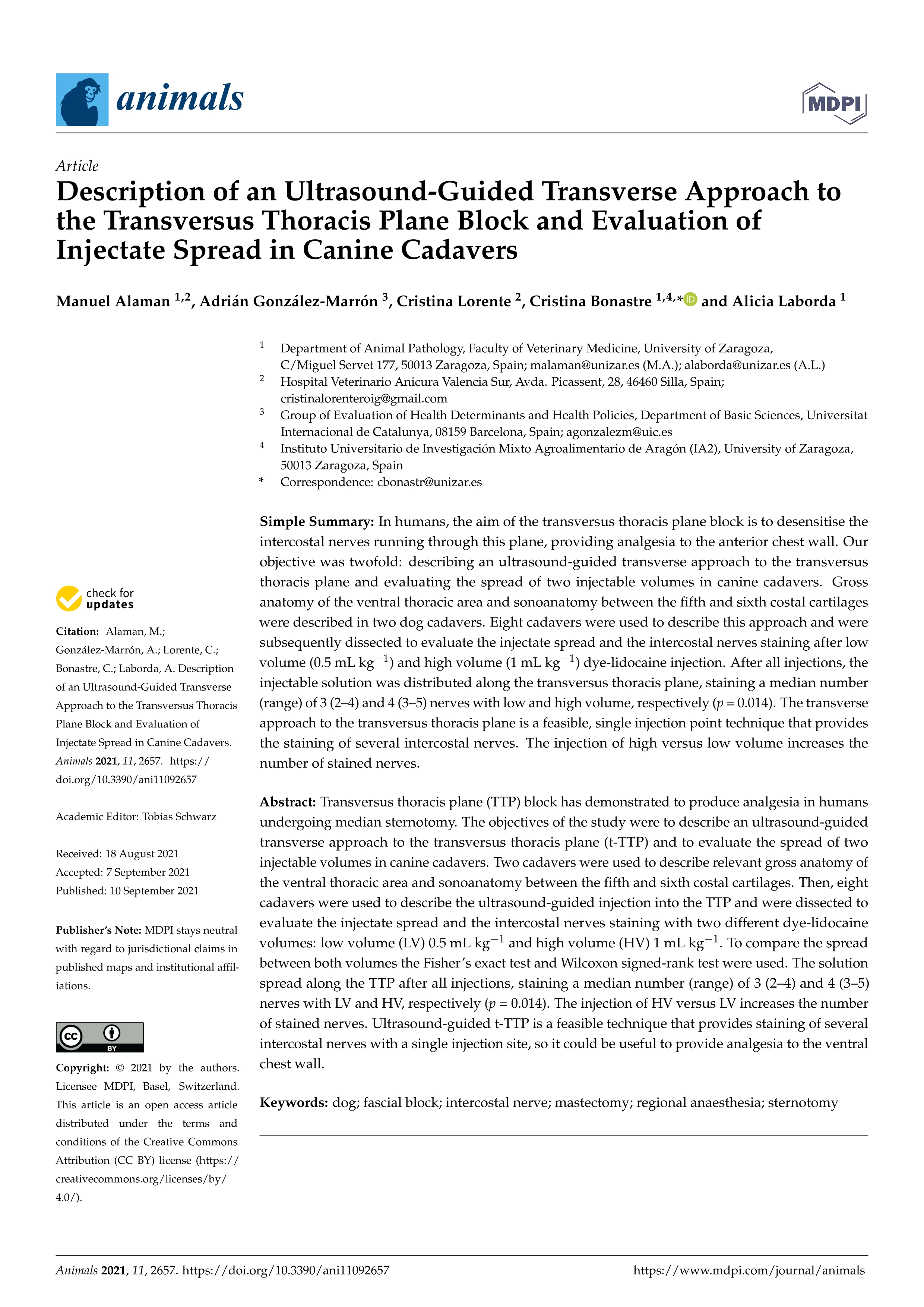 Description of an ultrasound-guided transverse approach to the transversus thoracis plane block and evaluation of injectate spread in canine cadavers