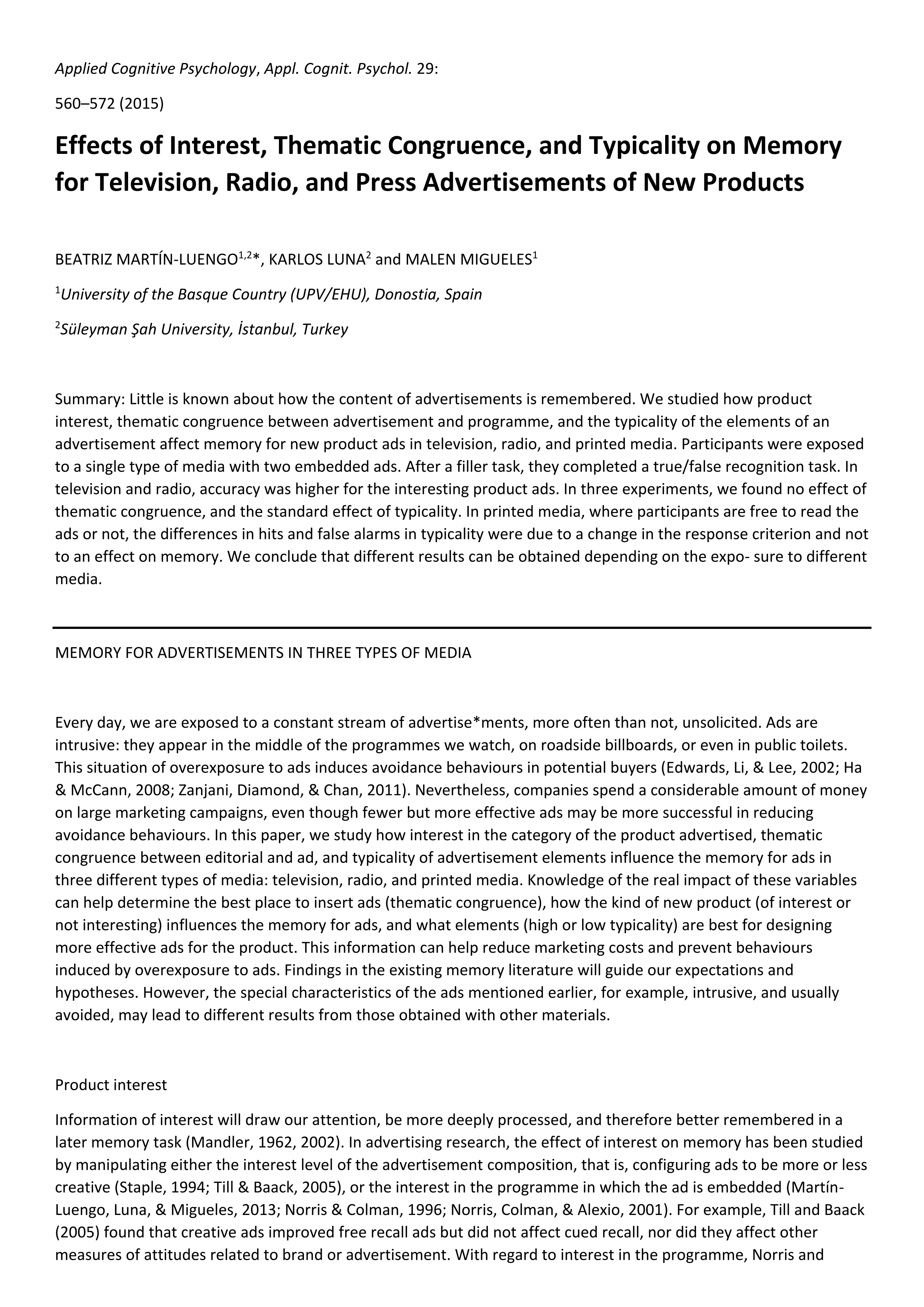 Effects of interest, thematic congruence, and typicality on memory for television, radio, and press advertisements of new products