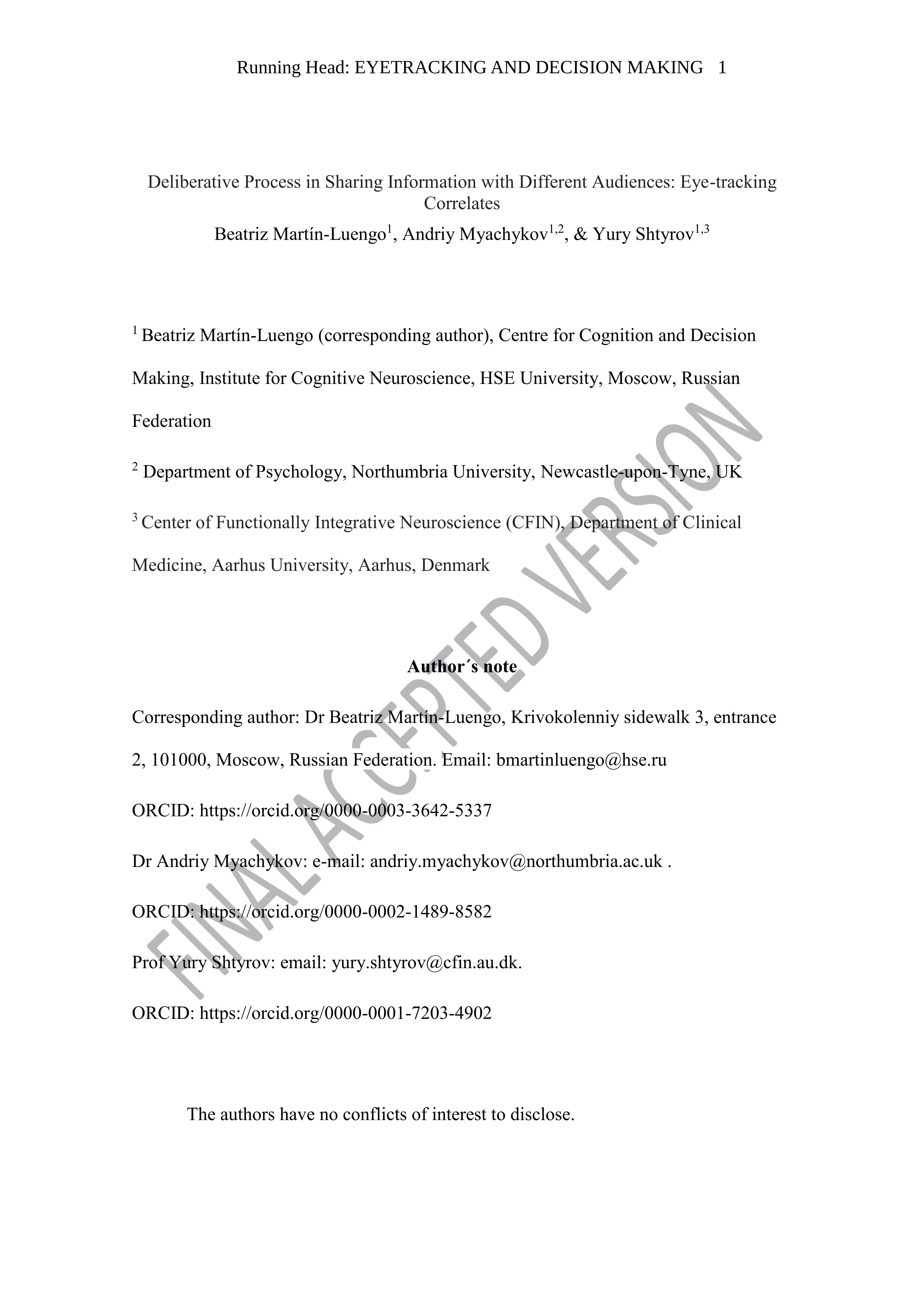 Deliberative process in sharing information with different audiences: Eye-tracking correlates