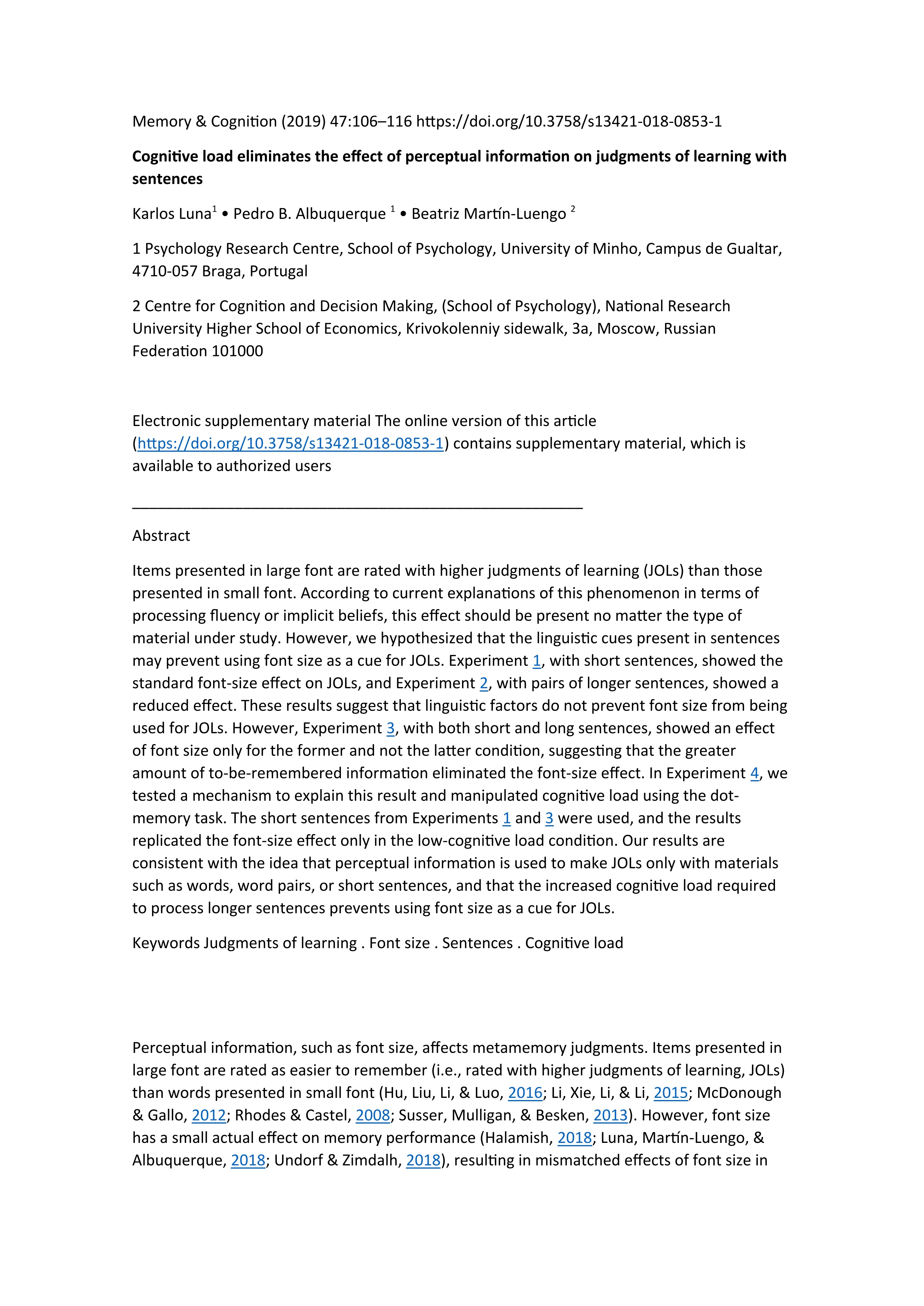 Cognitive load eliminates the effect of perceptual information on judgments of learning with sentences
